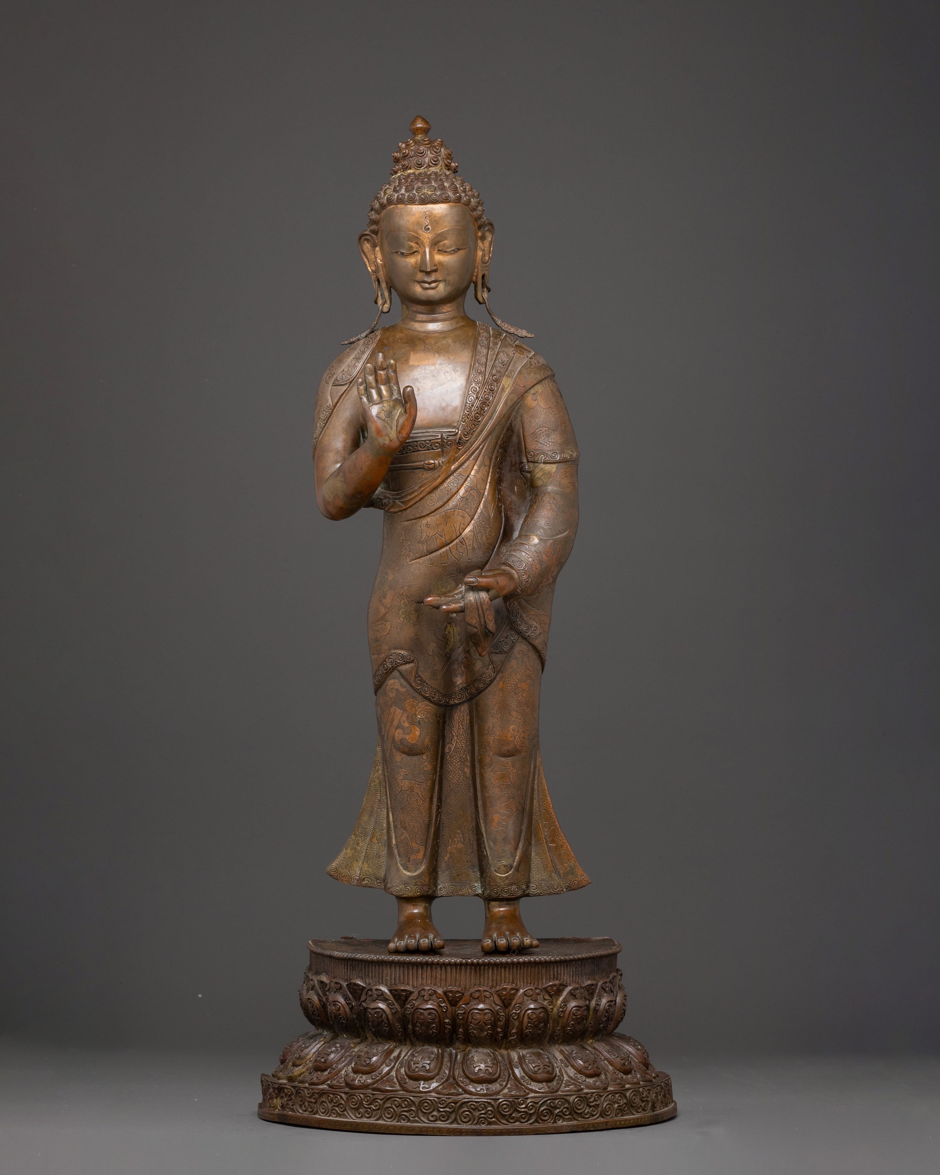 Handcrafted Copper Dipankara Buddha Statue with Antique Finish