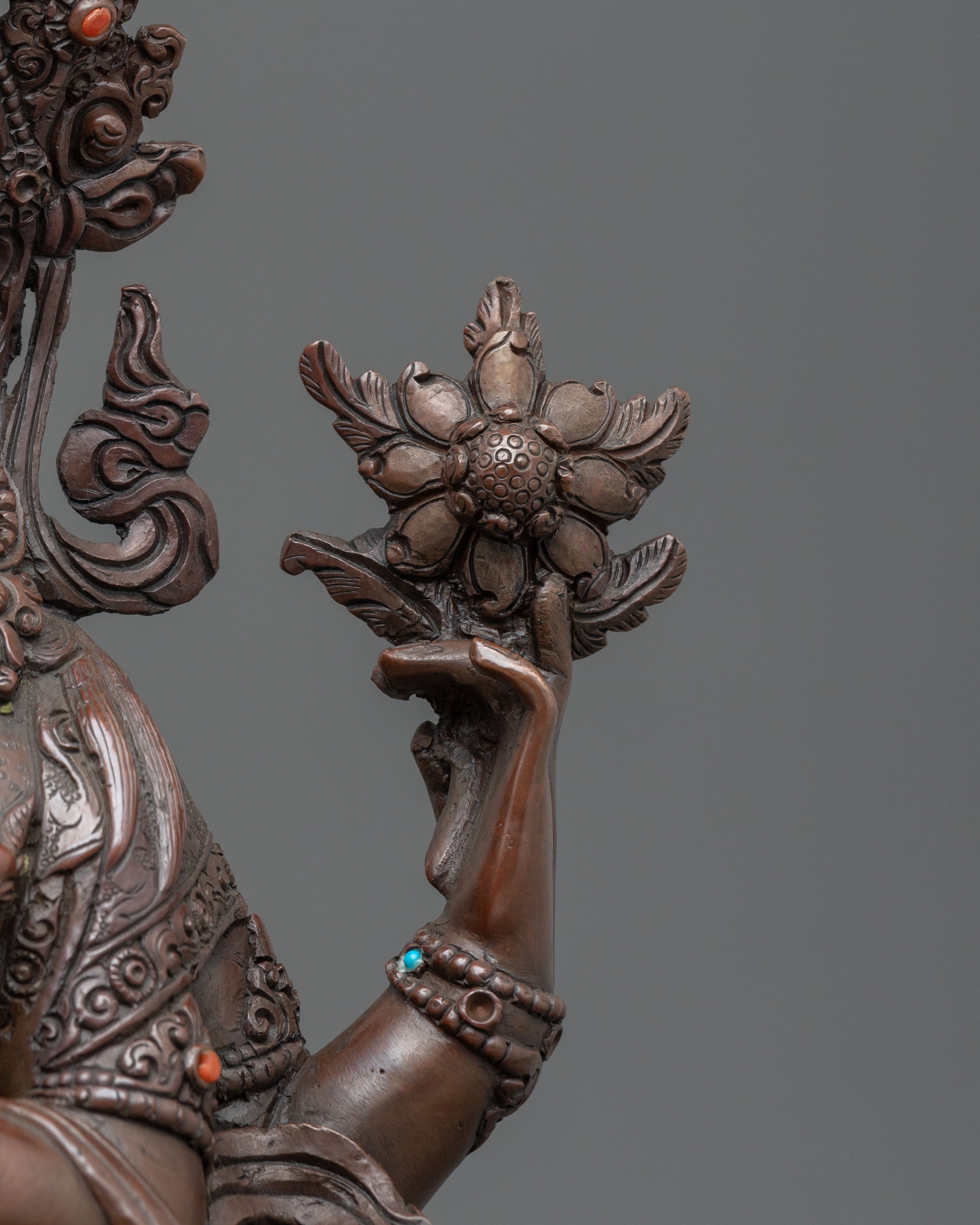 Chenrezig Oxidized Copper Statue Adorned with Gemstones