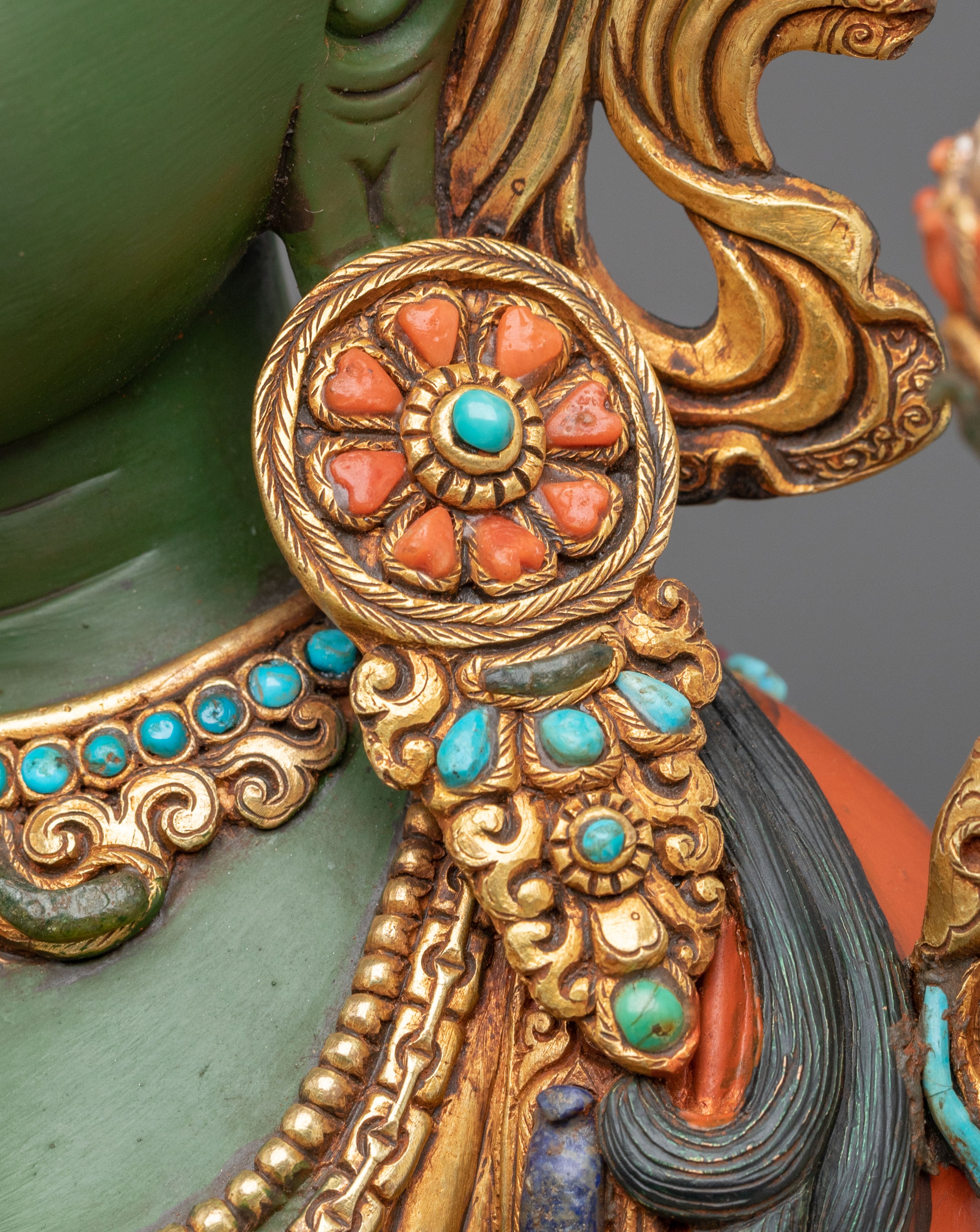 Green Tara Sculpture | Handmade Statue Adorned with Gemstones