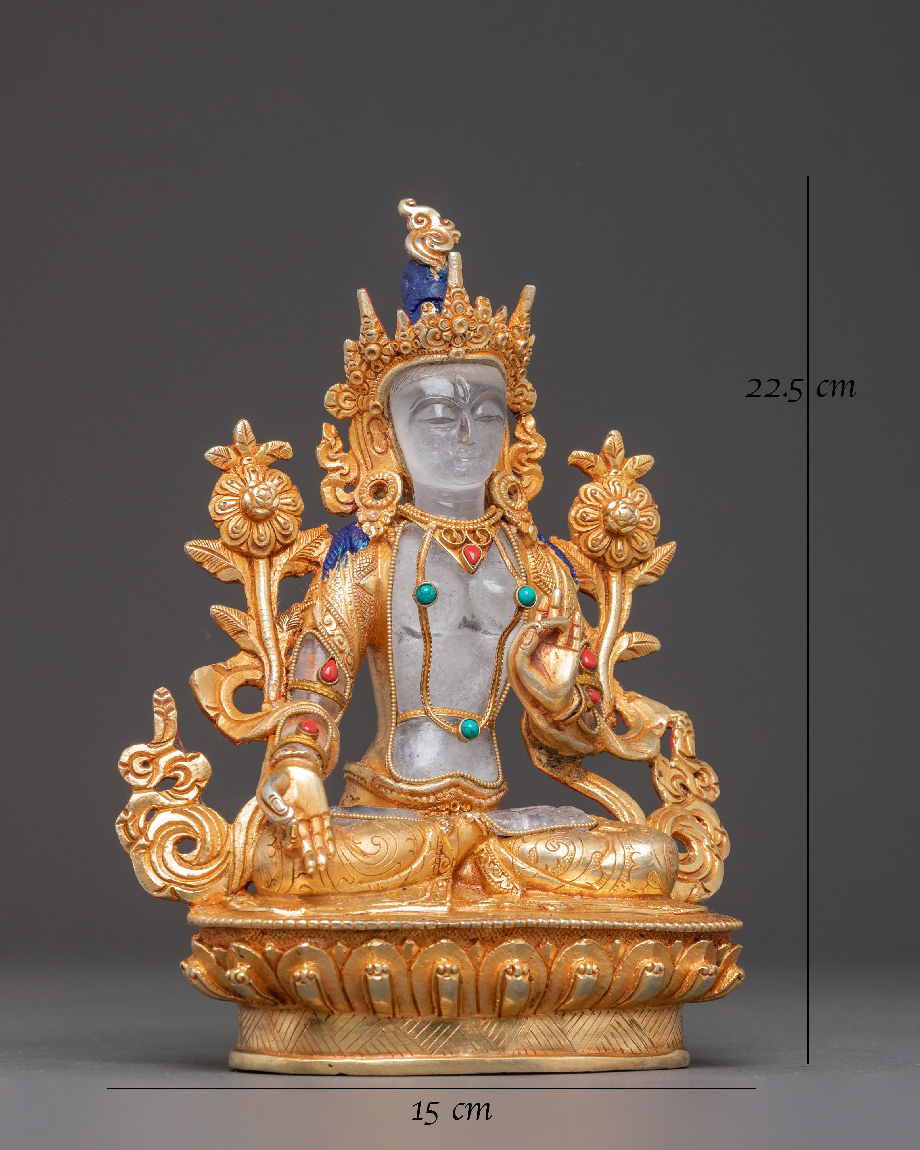 A Radiant Buddhist Shyama Tara Golden Statue with Crystal Body
