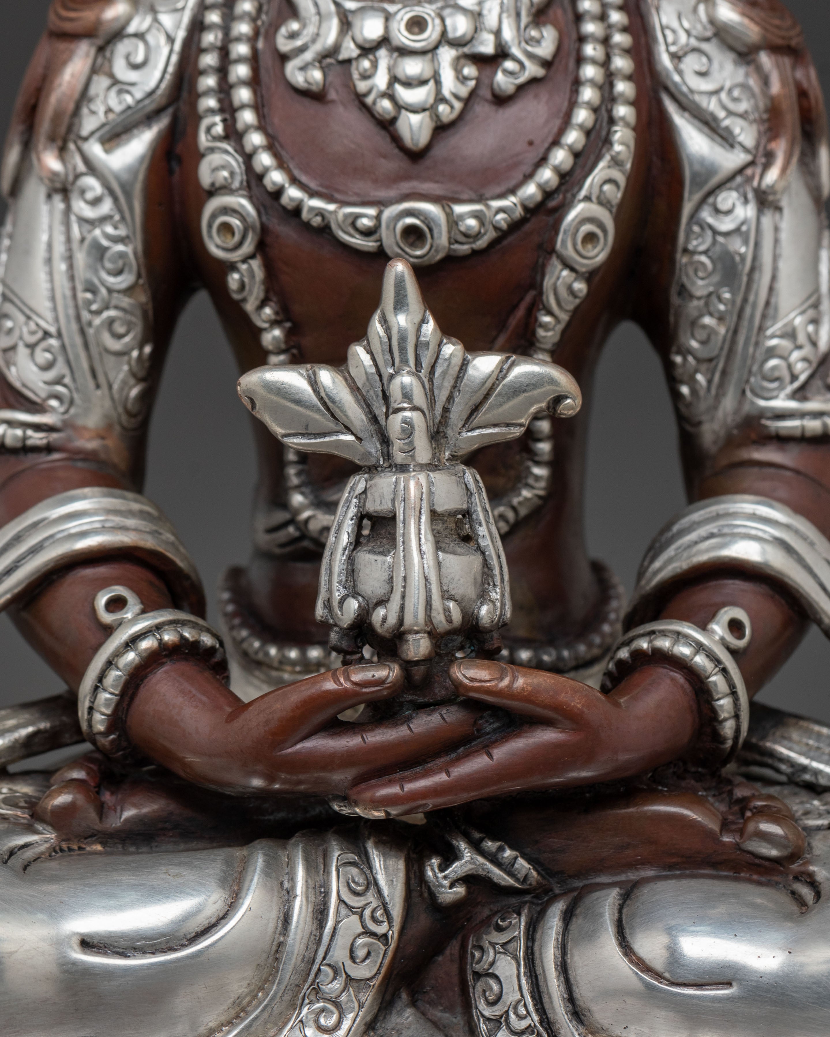 Amitayus Buddhist Statue | Oxidized Copper Statue with Silver Plated