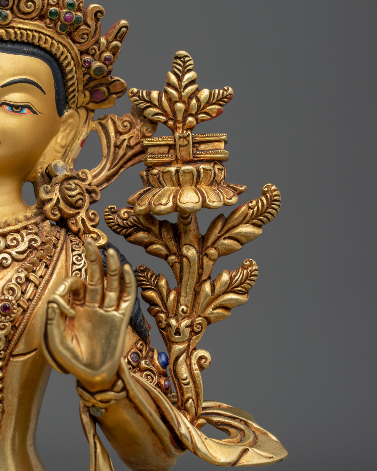 Hand-Carved Manjushri Sculpture | 24K Gold Gilded Statue