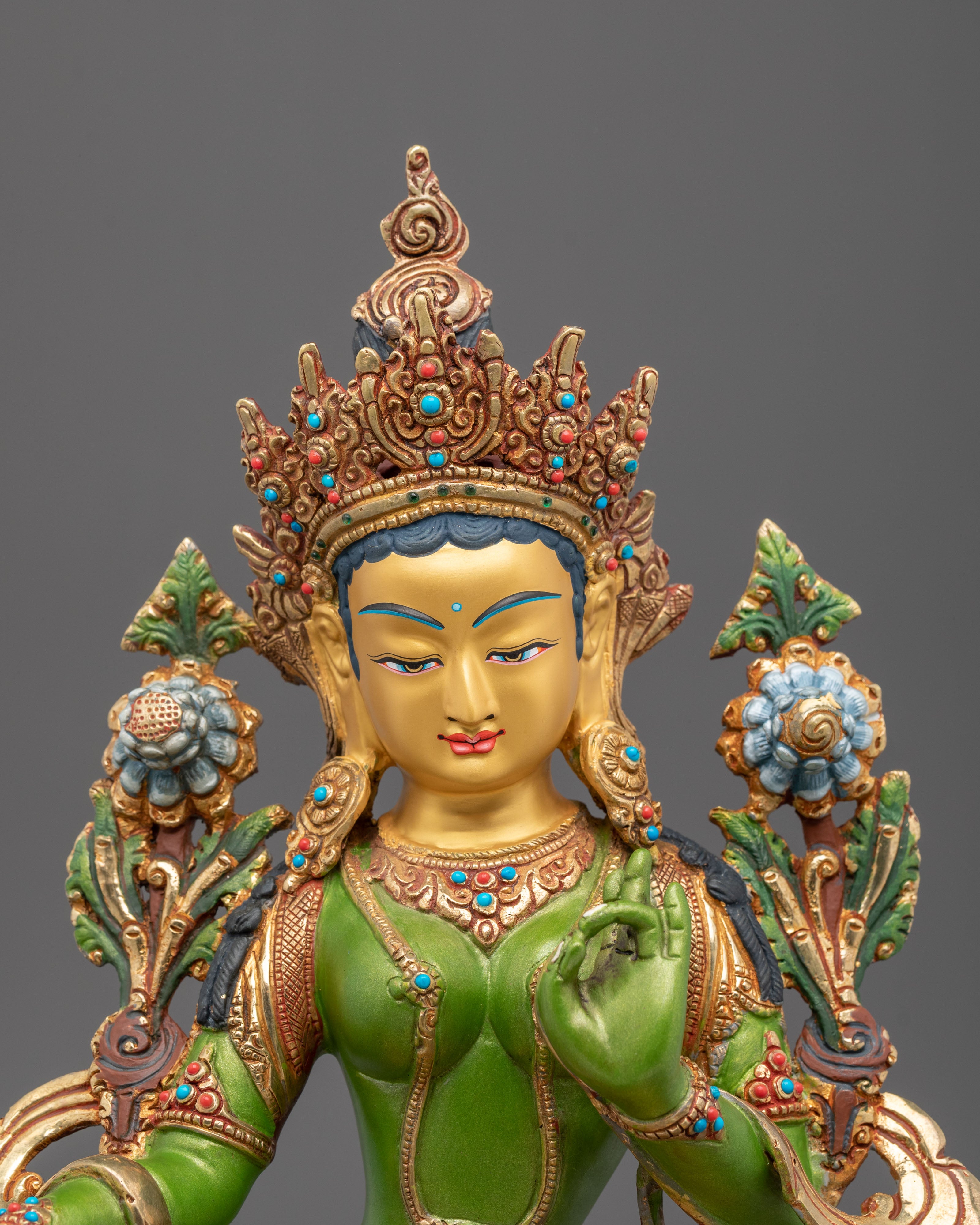Traditional Green Tara Golden Statue | Tibetan Buddhist Compassion Deity