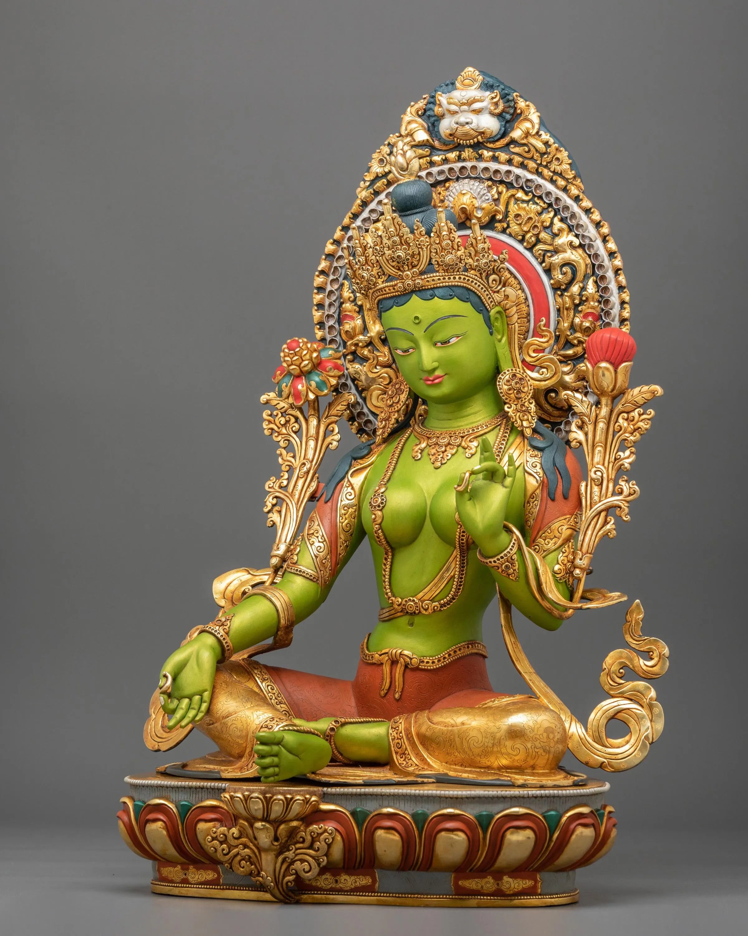 Green Tara Statue | Gold and Acrylic Painted Figurine
