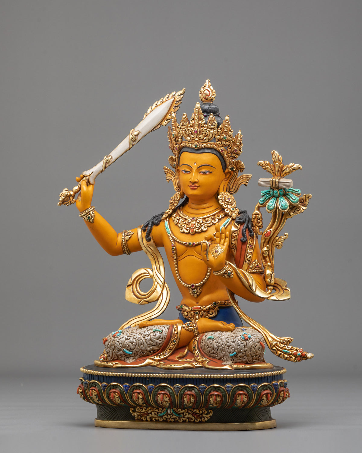 Manjushri Wisdom Sculpture | Copper Statue with Gemstone Details