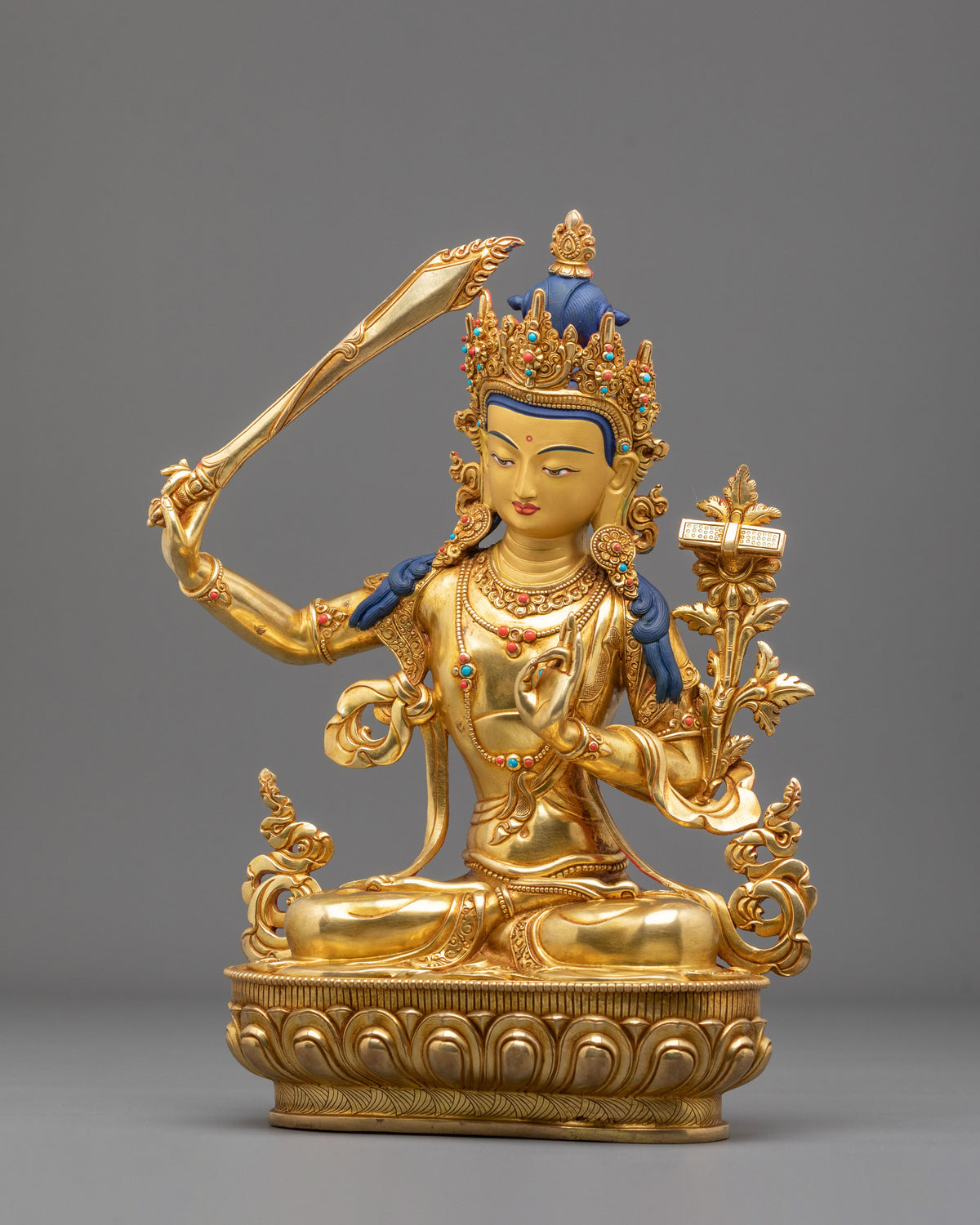 Manjushri Buddhist Wisdom Statue | 24K Gold Gilded Sculpture