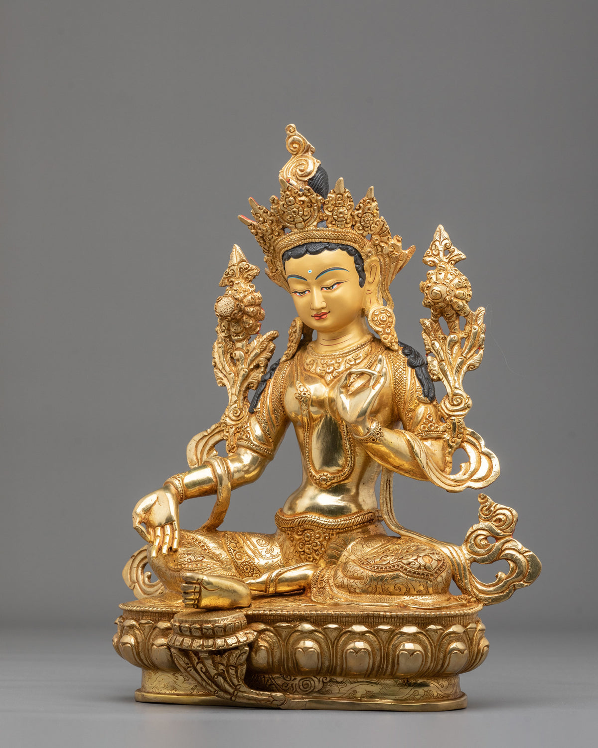 Goddess Green Tara Copper Sculpture | 24K Gold Gilded Buddhist Statue
