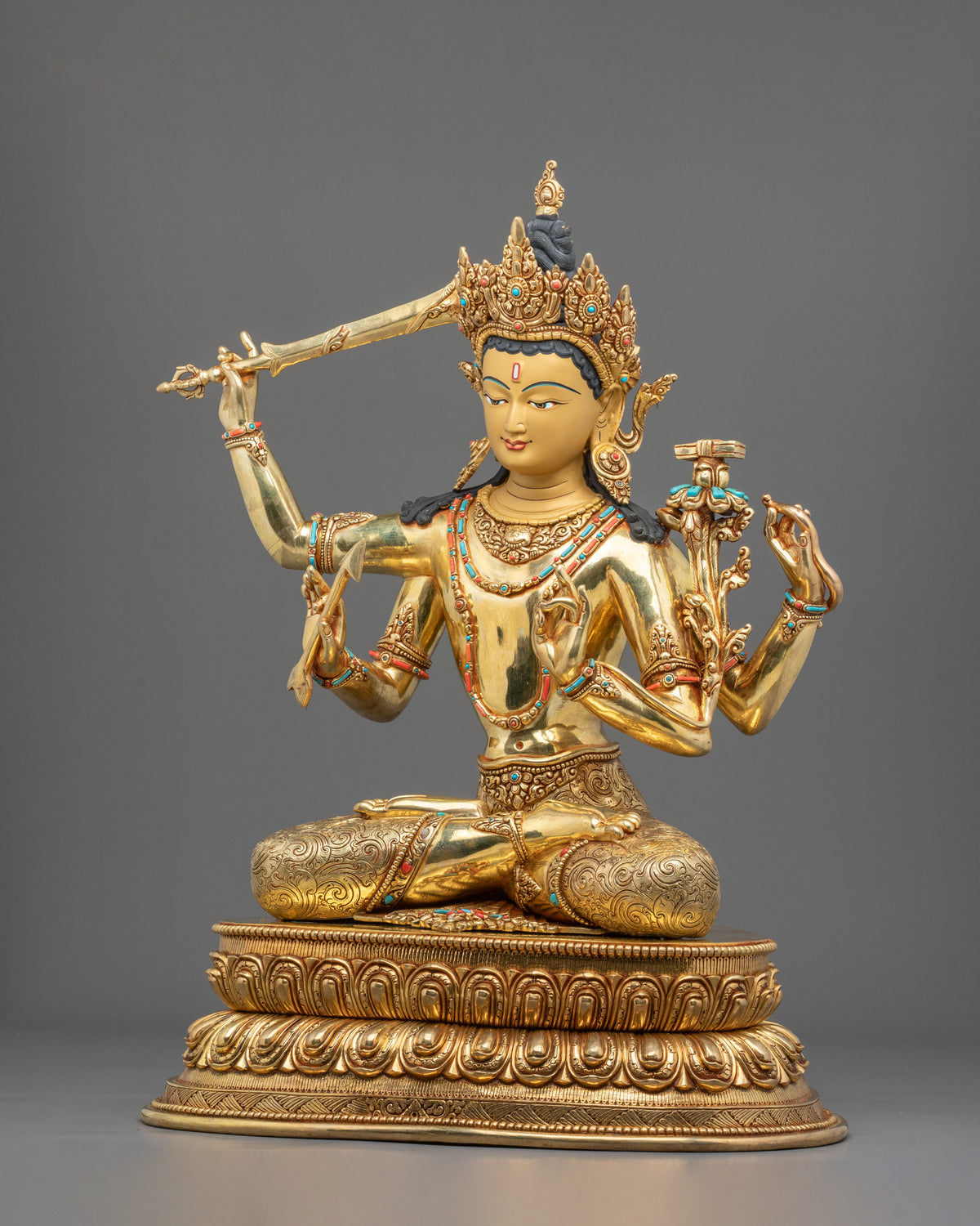 Maha Manjushri Copper Sculpture - 24K Gold Gilded Handcrafted Art