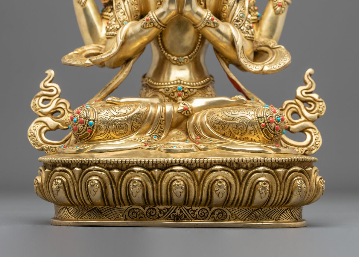 Four-Armed Chenrezig 24K Gold Gilded Sculpture | Bodhisattva of Compassion