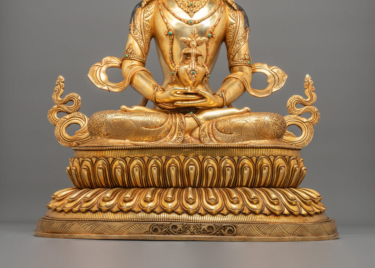 Amitayus Buddha Statue | Gemstones Adorned Golden Copper Sculpture