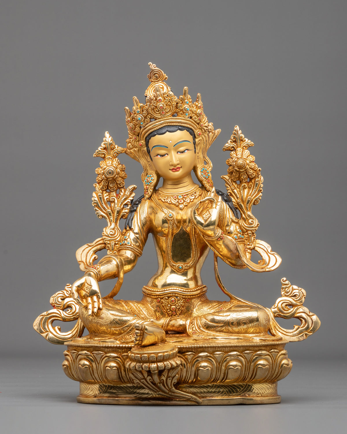 Tibetan Goddess Green Tara Handmade Statue | 24K Gold Gilded Compassion Sculpture