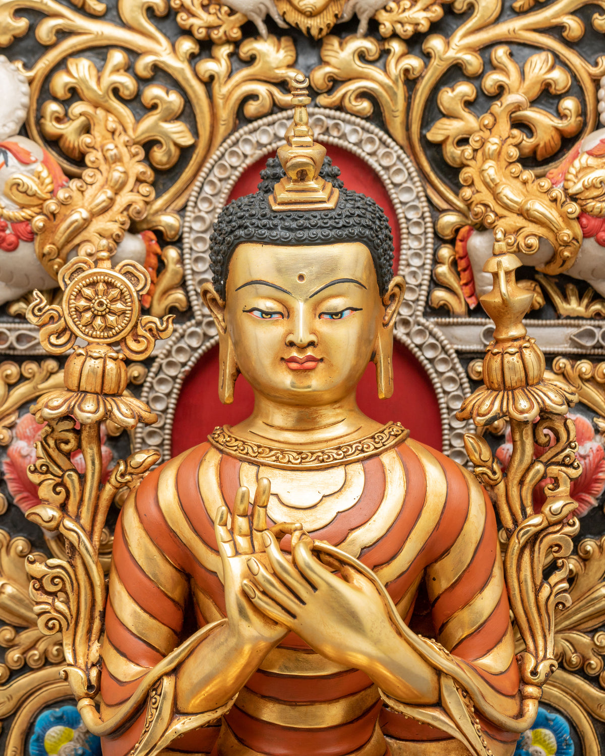 24K Gold Gilded Maitreya Buddha Copper Sculpture with Gemstones Inlays