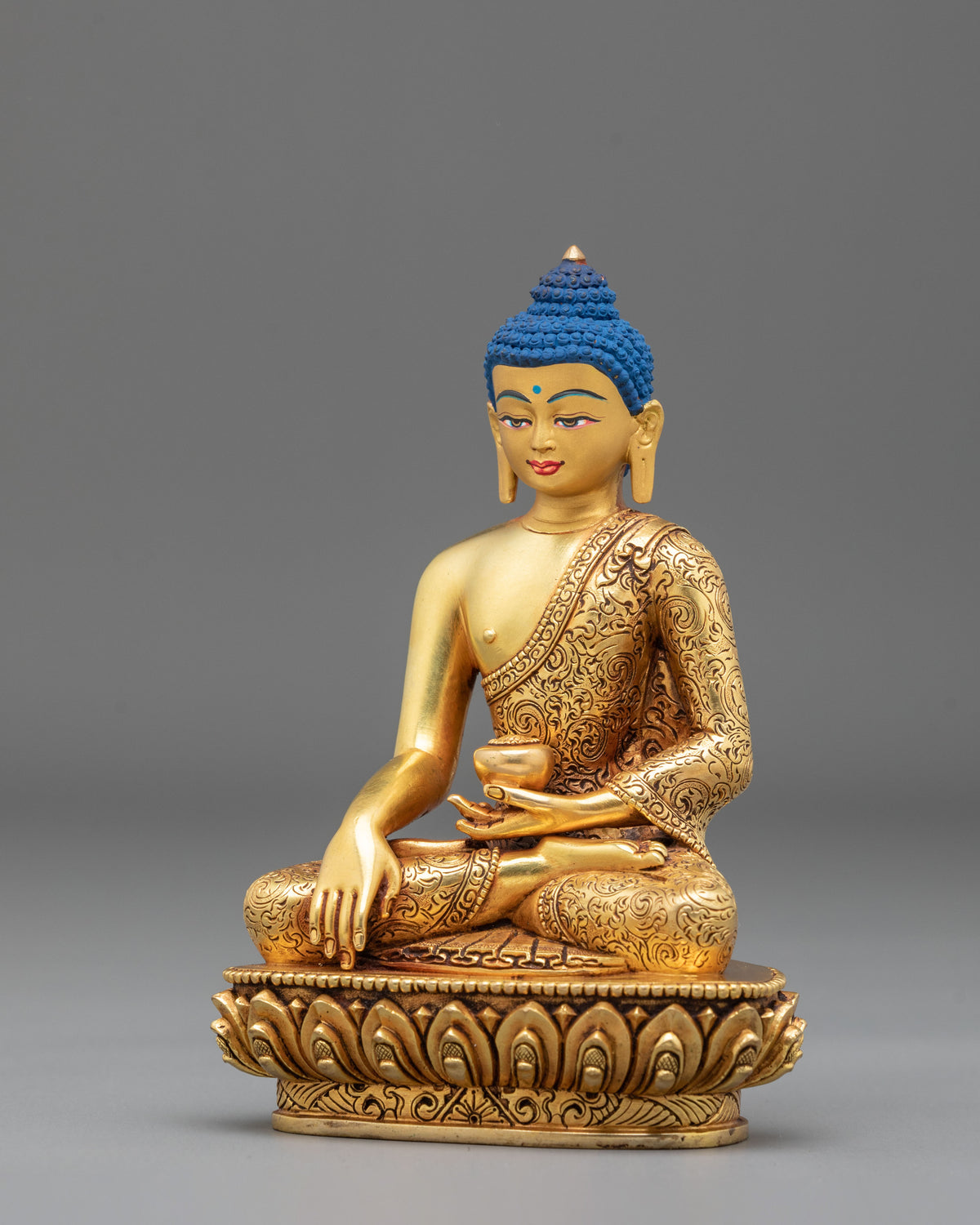 Shakyamuni Buddha Hand Carved Sculpture: 24K Gold Gilded