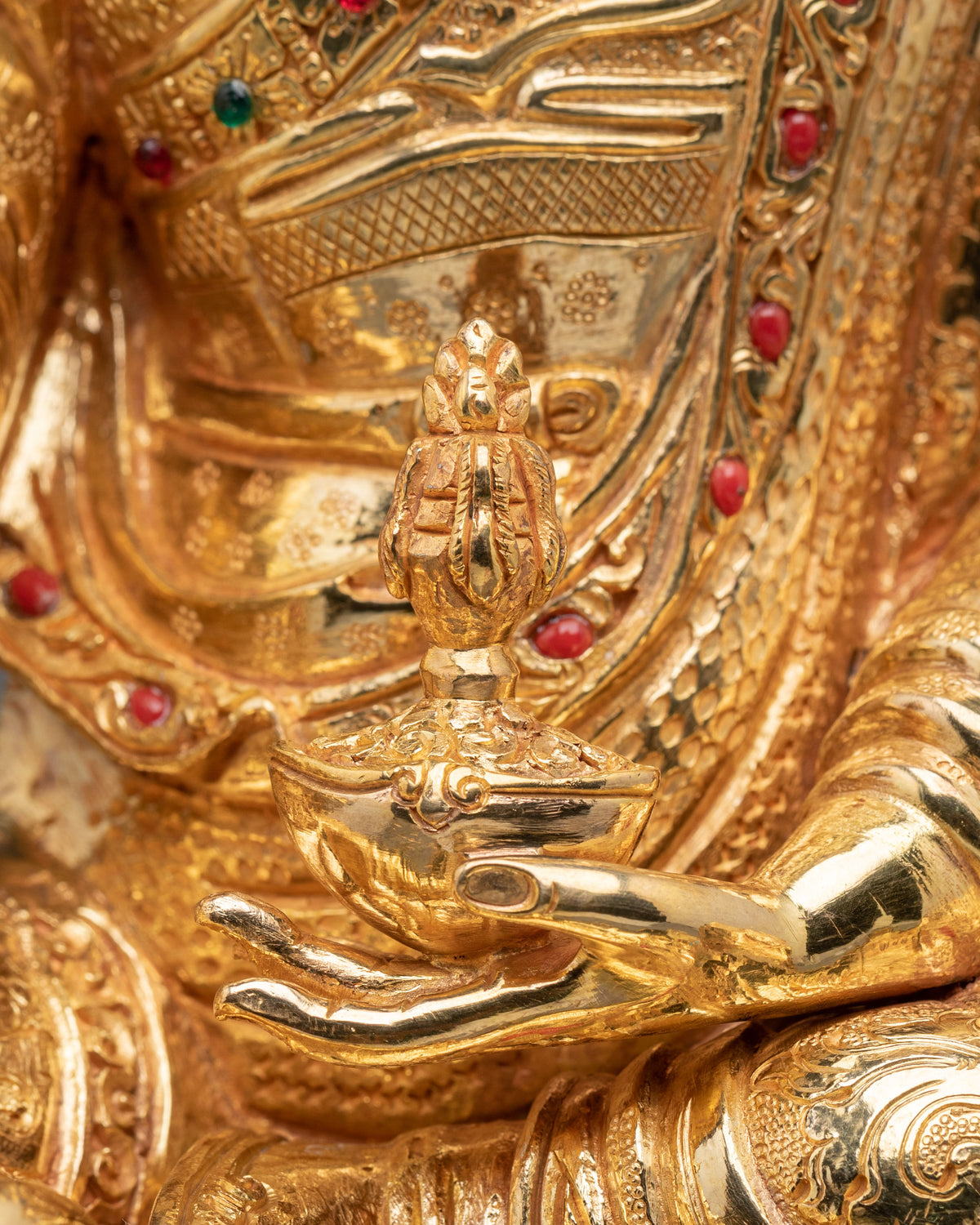 Guru Rinpoche Acrylic Painted Sculpture: 24K Gold Gilded Himalayan Art