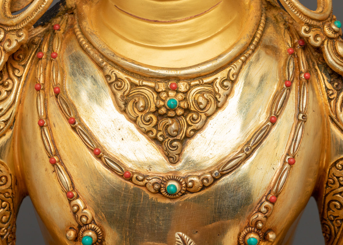 Amitayus Buddha Statue | Gemstones Adorned Golden Copper Sculpture