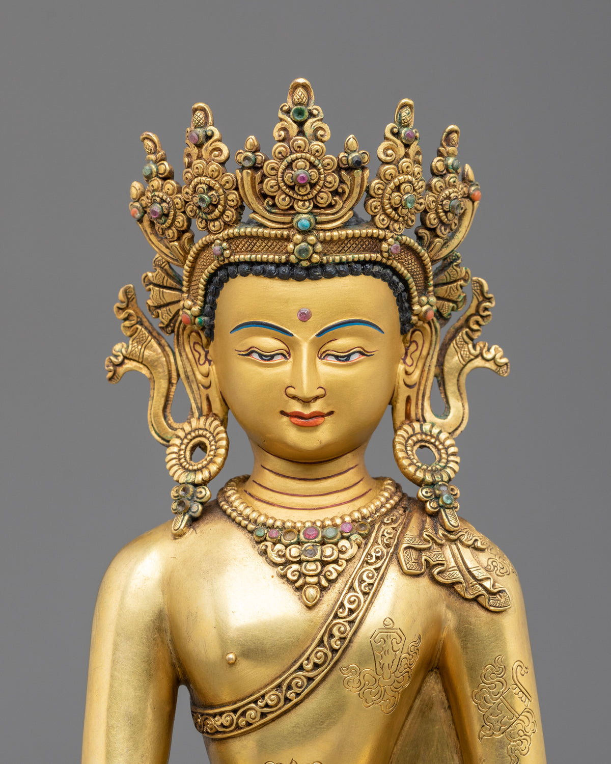 Shakyamuni Buddha Sculpture: 24K Fire Gold Plated Copper Statue