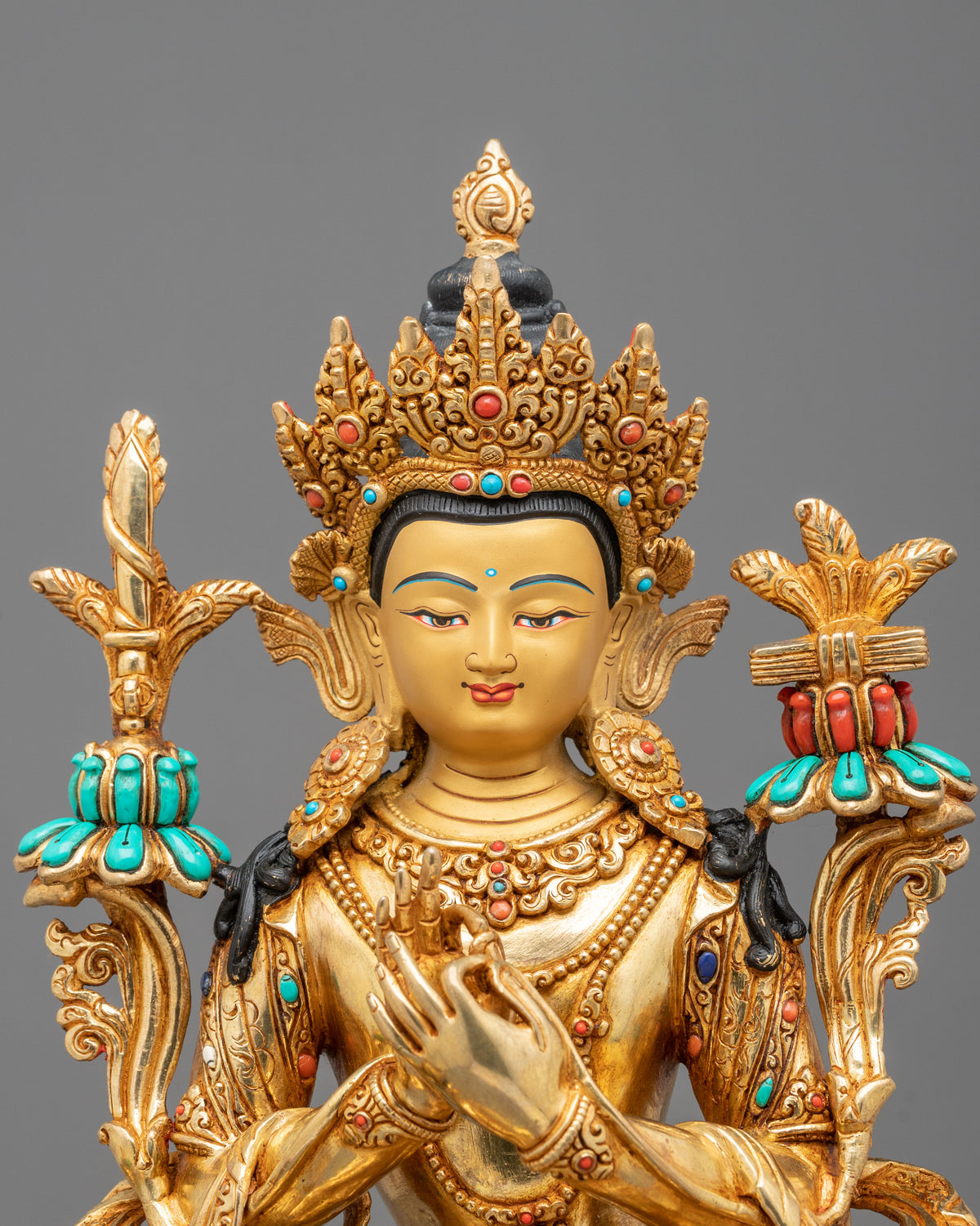 Tikshna Manjushri 24K Gold Gilded Sculpture | Traditional Buddhist Artwork of Sharp Wisdom
