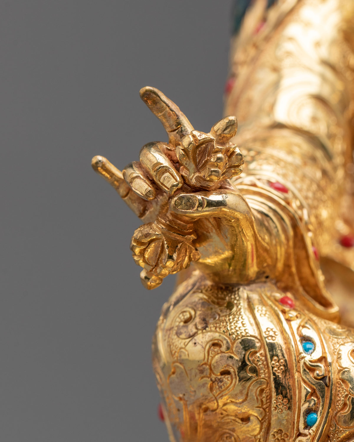 Guru Rinpoche Acrylic Painted Sculpture: 24K Gold Gilded Himalayan Art