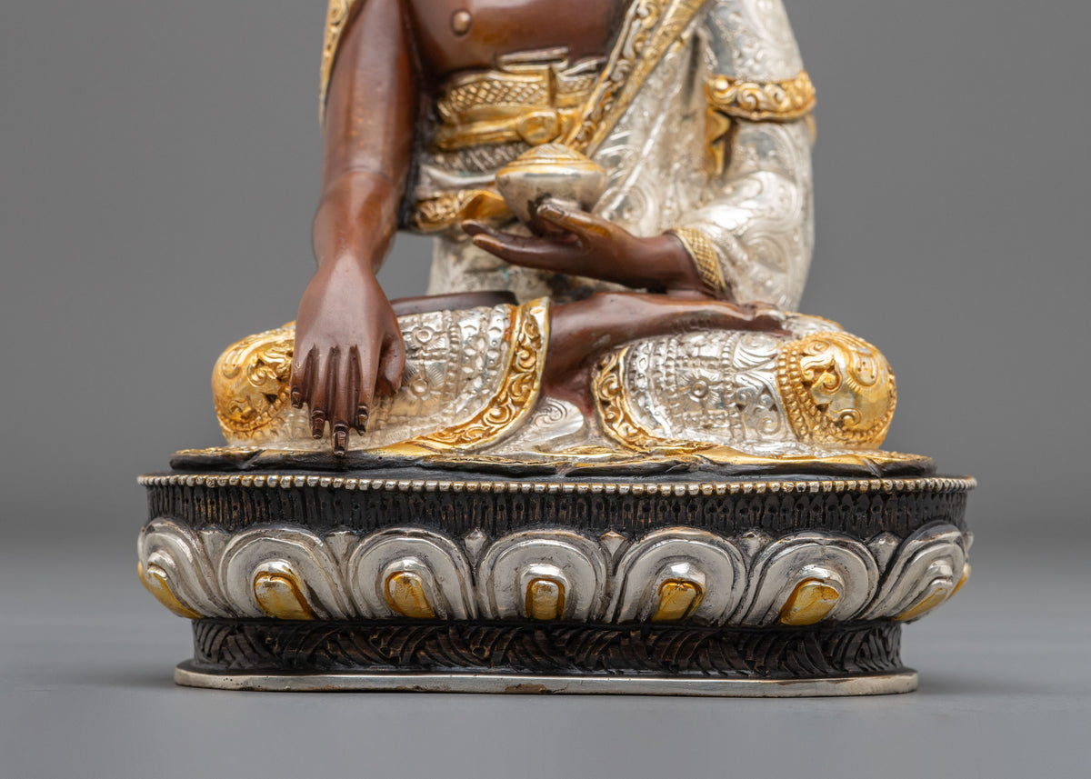 Shakyamuni Buddha Oxidized Statue with Silver Plating