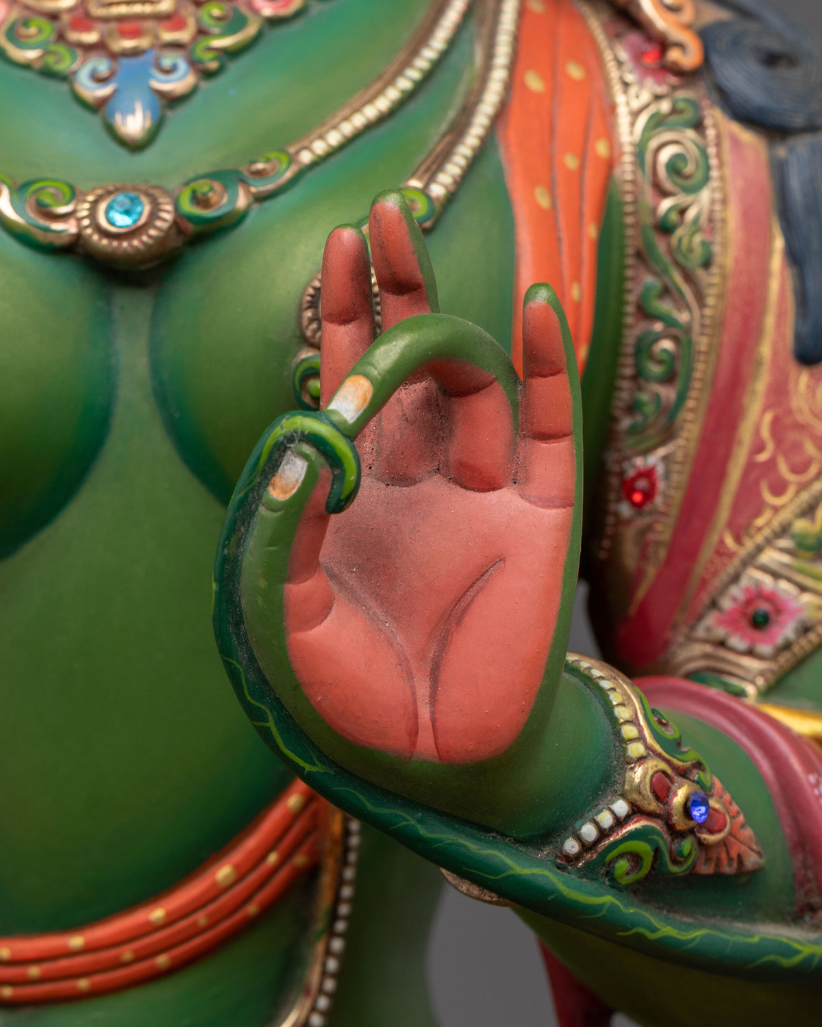 Gemstones Adorned Green Tara Figurine | Buddhist Deity of Compassion and Swift Activity
