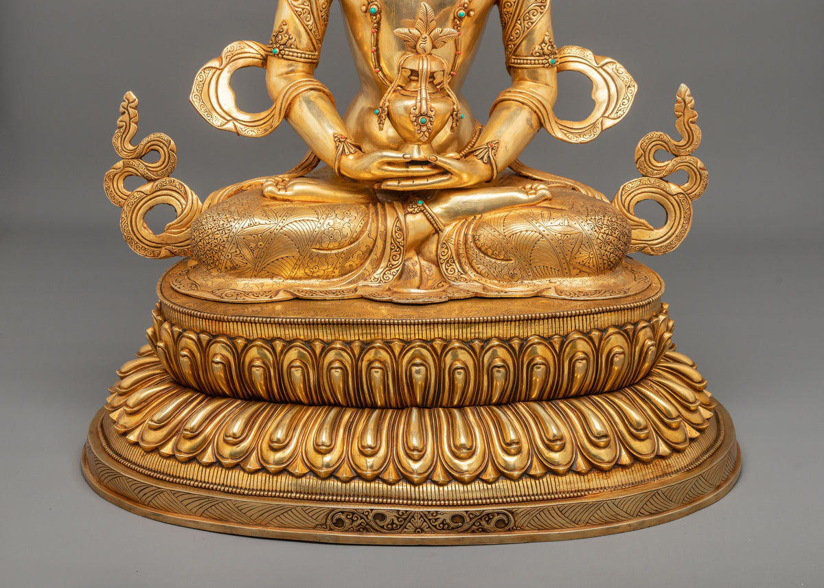 Amitayus Buddha Statue | Gemstones Adorned Golden Copper Sculpture