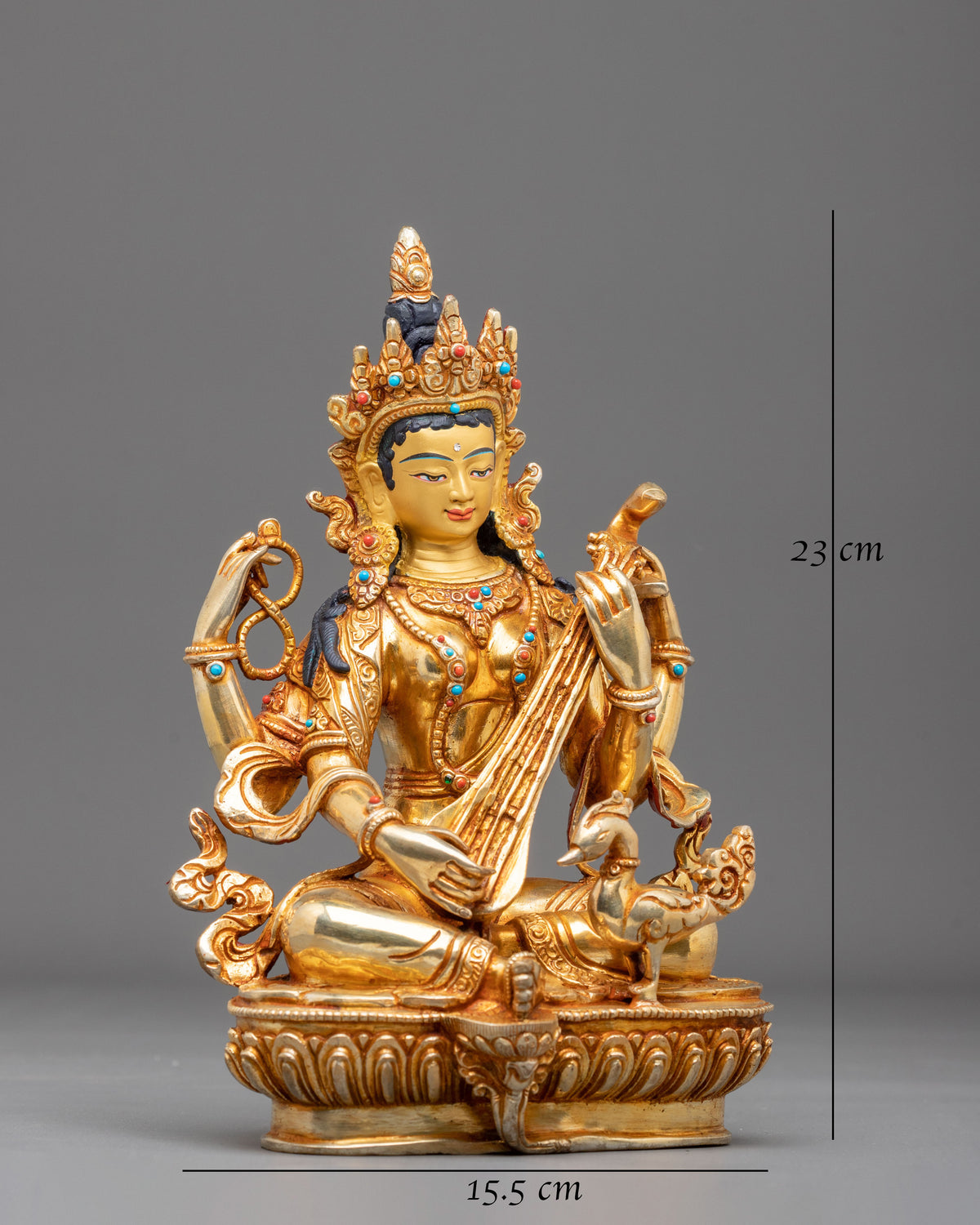 Devi Saraswati 24K Gold Gilded Sculpture | Hindu Goddess of Knowledge