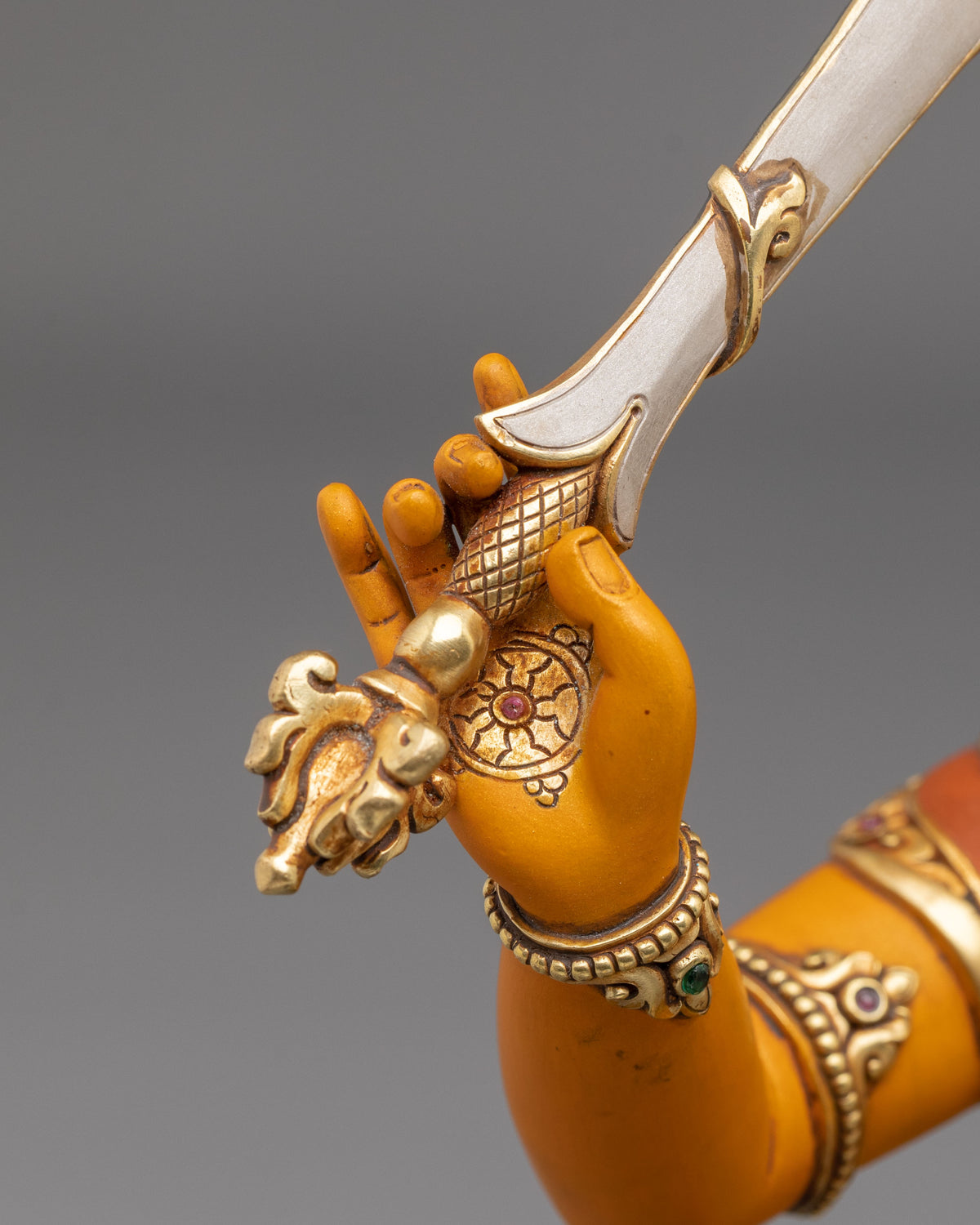 Manjushri Wisdom Sculpture | Copper Statue with Gemstone Details
