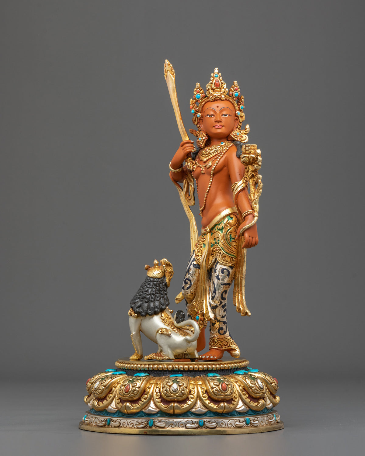 Manjushri Hand Carved Sacred Sculpture with 24K Gold Gilding