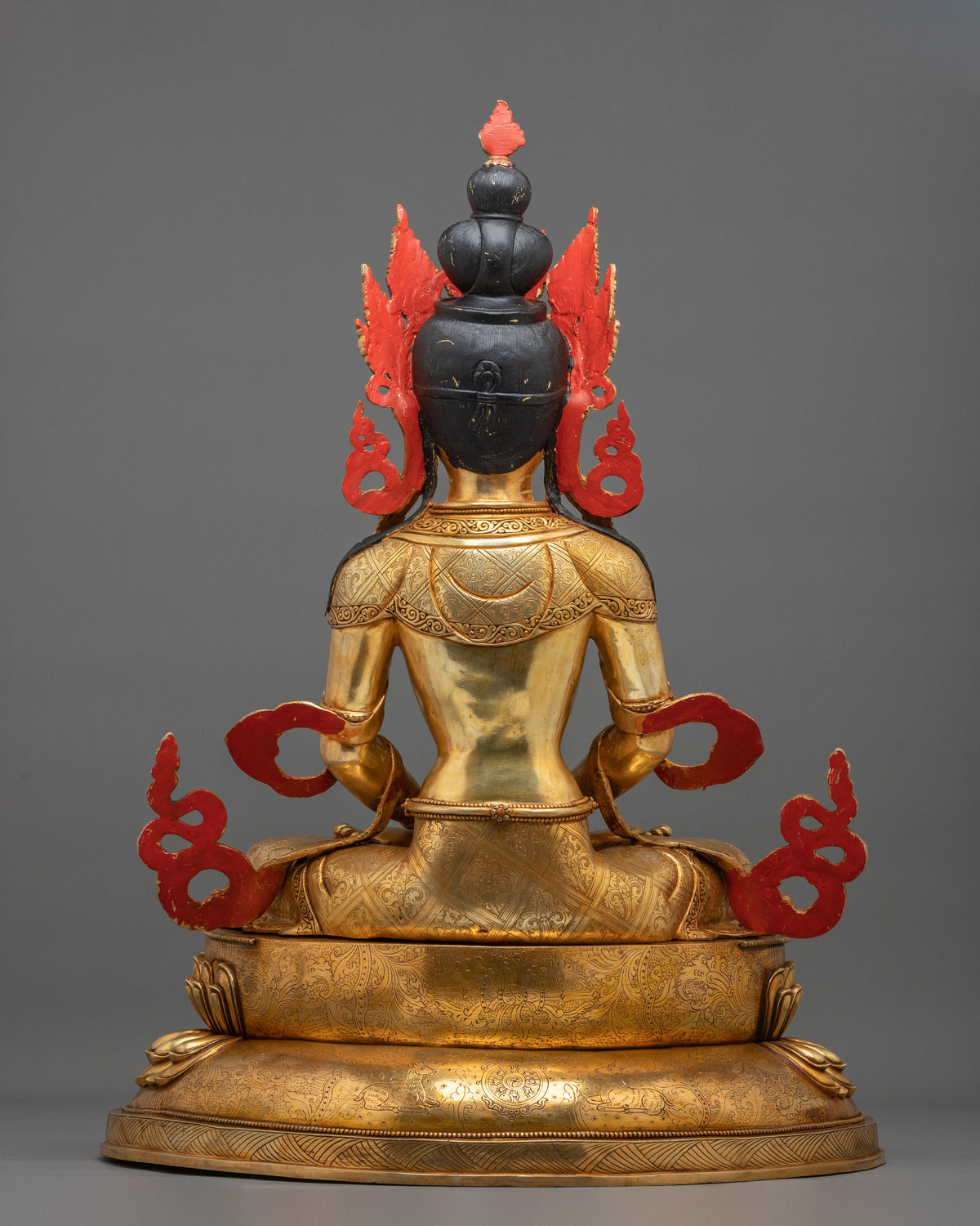 Amitayus Buddha Statue | Gemstones Adorned Golden Copper Sculpture