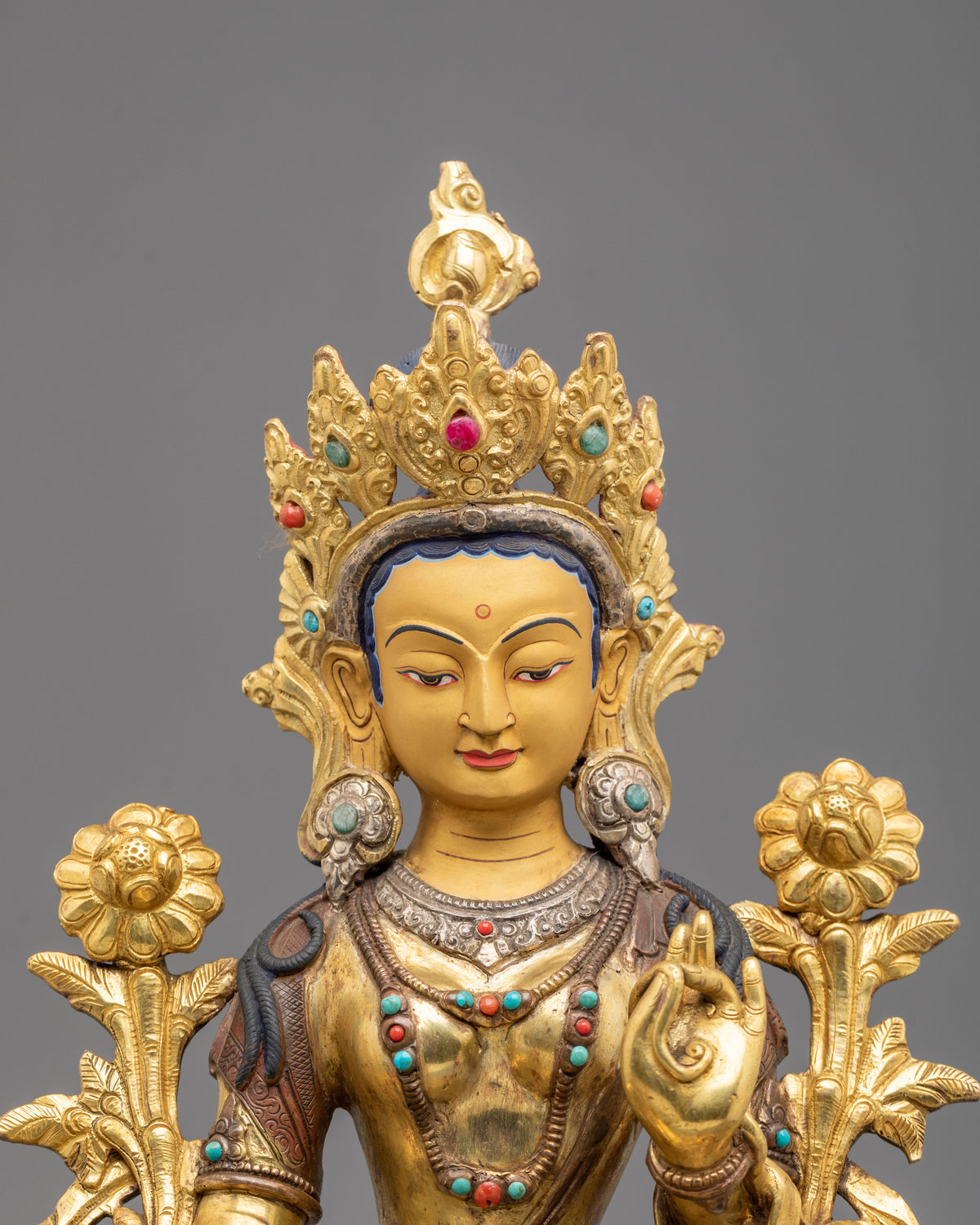 Tibetan Figurine of Goddess Green Tara | 24K Gold Gilded Buddhist Statue
