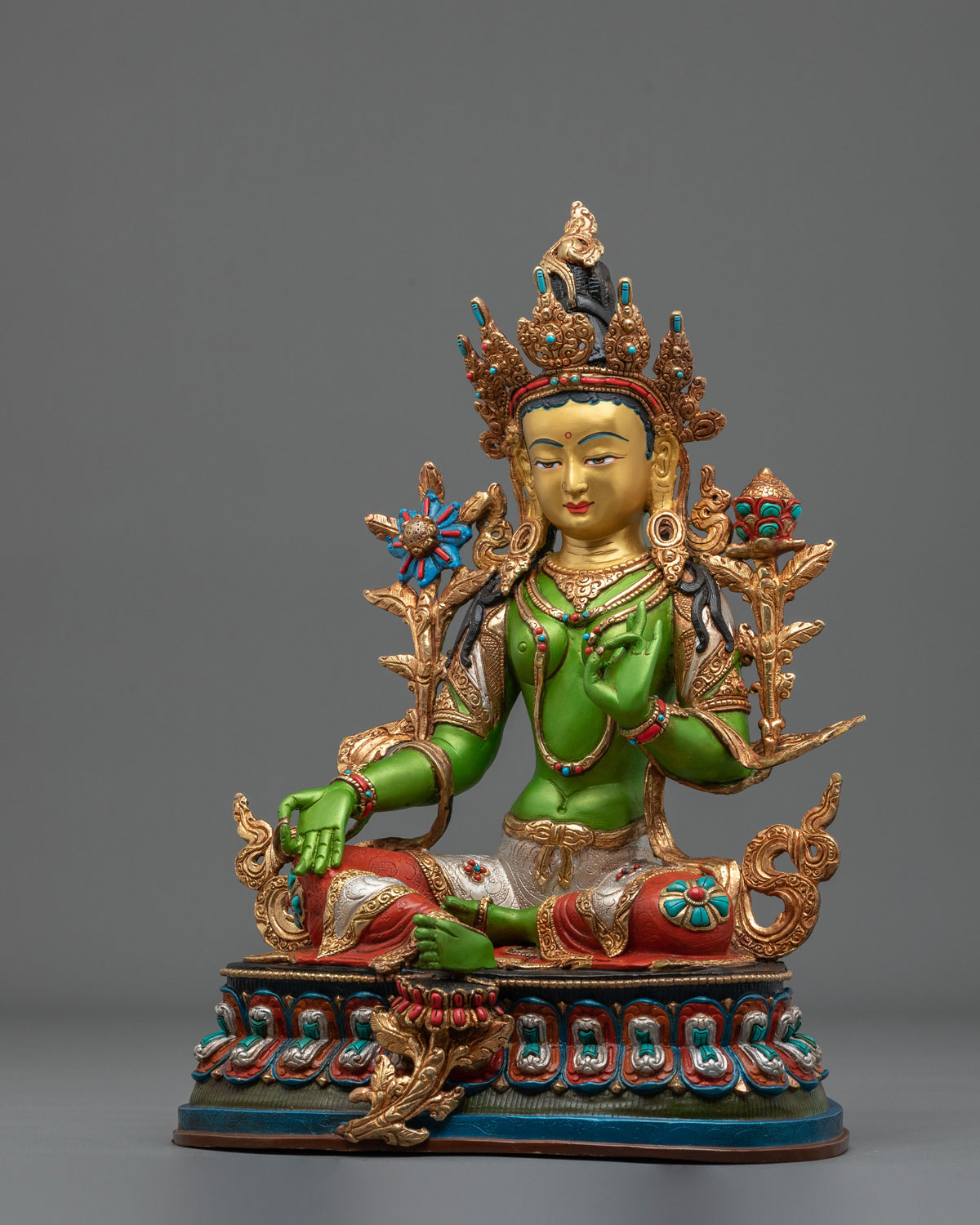 Green Tara Lotus of Liberation Statue | Gold Painted Buddhist Sculpture