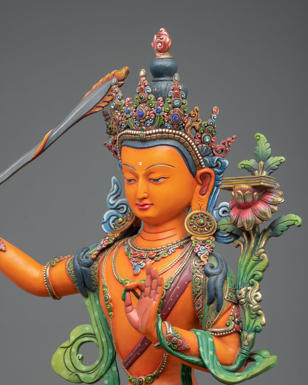 Manjushri 24K Gold Coated Copper Figurine | Bodhisattva of Transcendent Wisdom