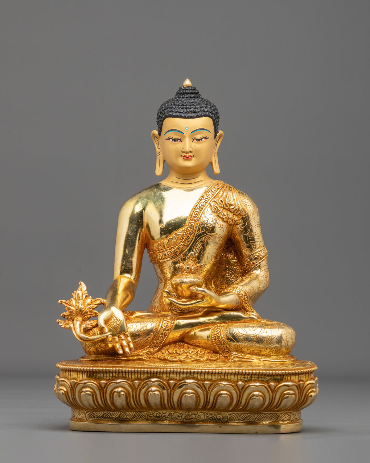 24K Gold Gilded Copper Statue of Medicine Buddha: Himalayan Buddhist Sacred Art