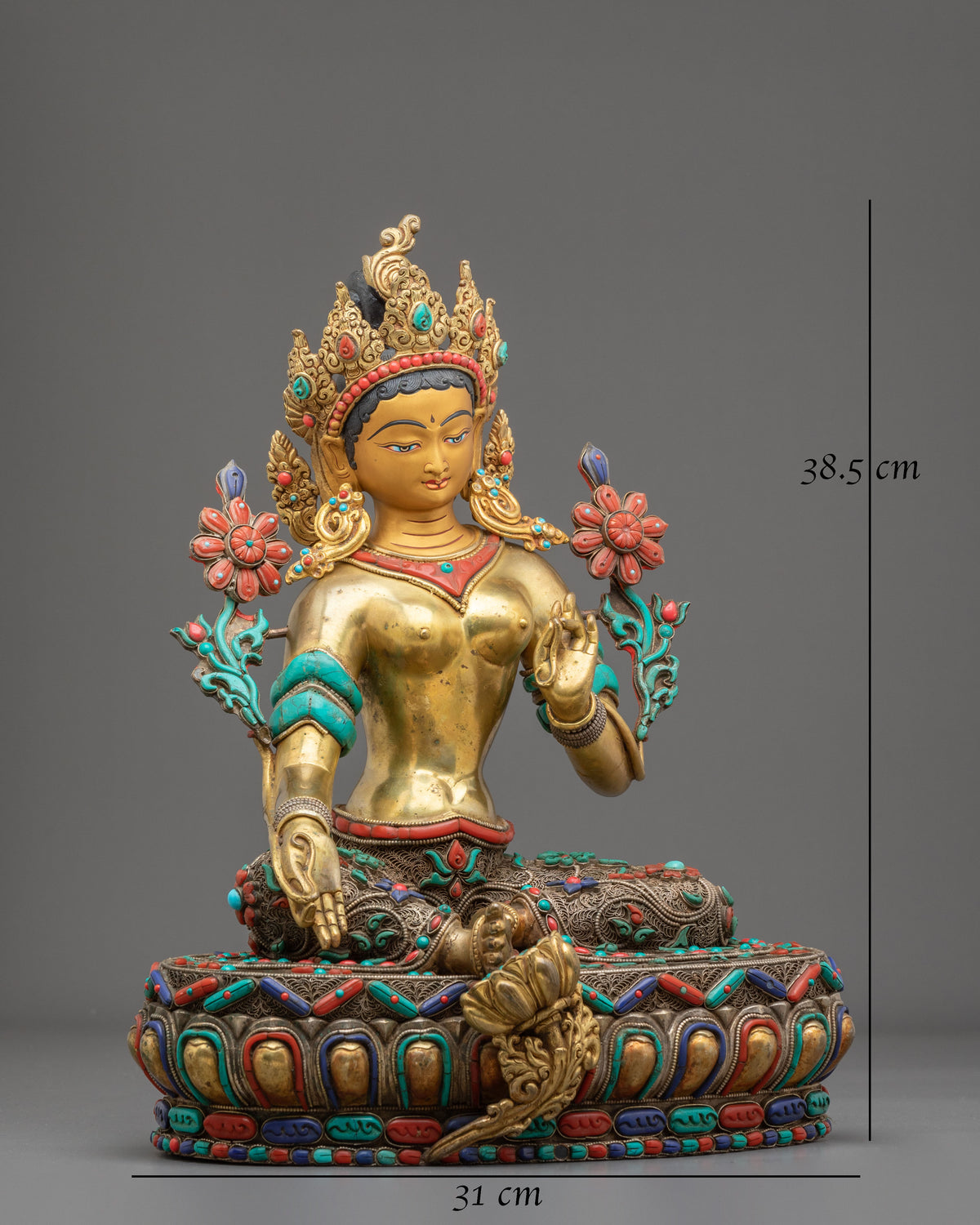 Green Tara Statue: Hand-Gilded 24K Gold & Gemstone
