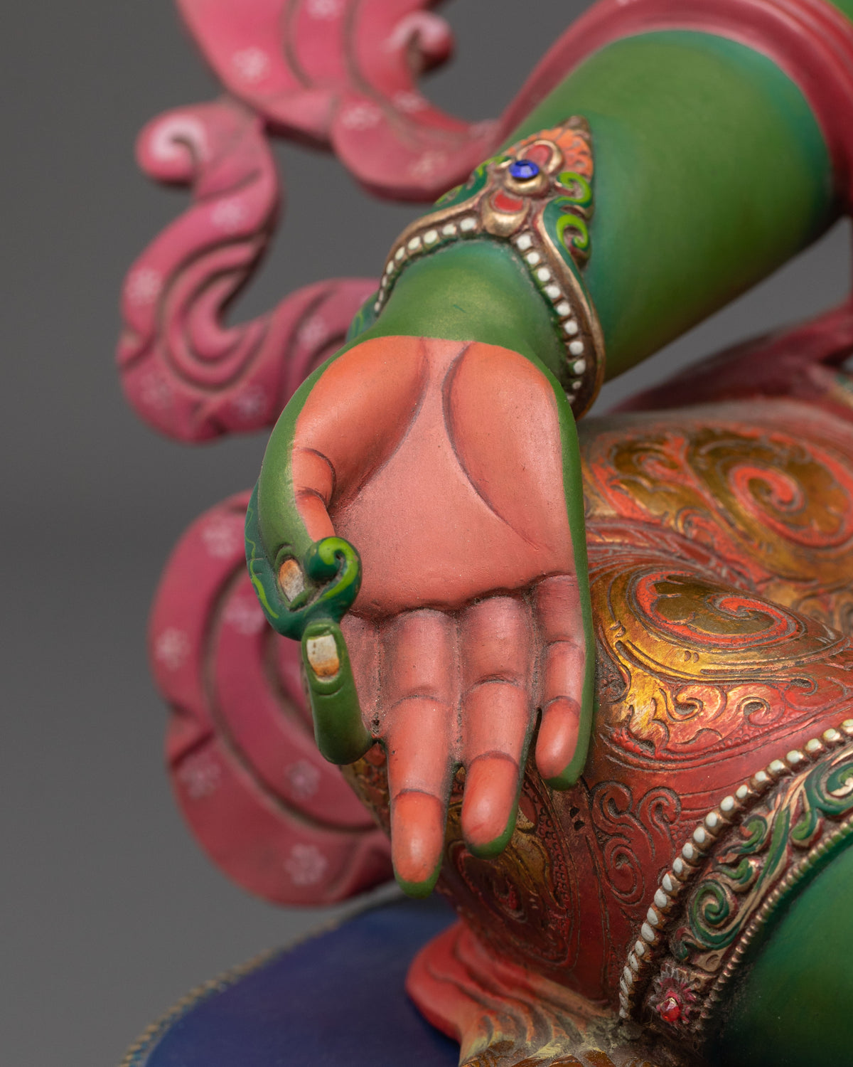 Gemstones Adorned Green Tara Figurine | Buddhist Deity of Compassion and Swift Activity