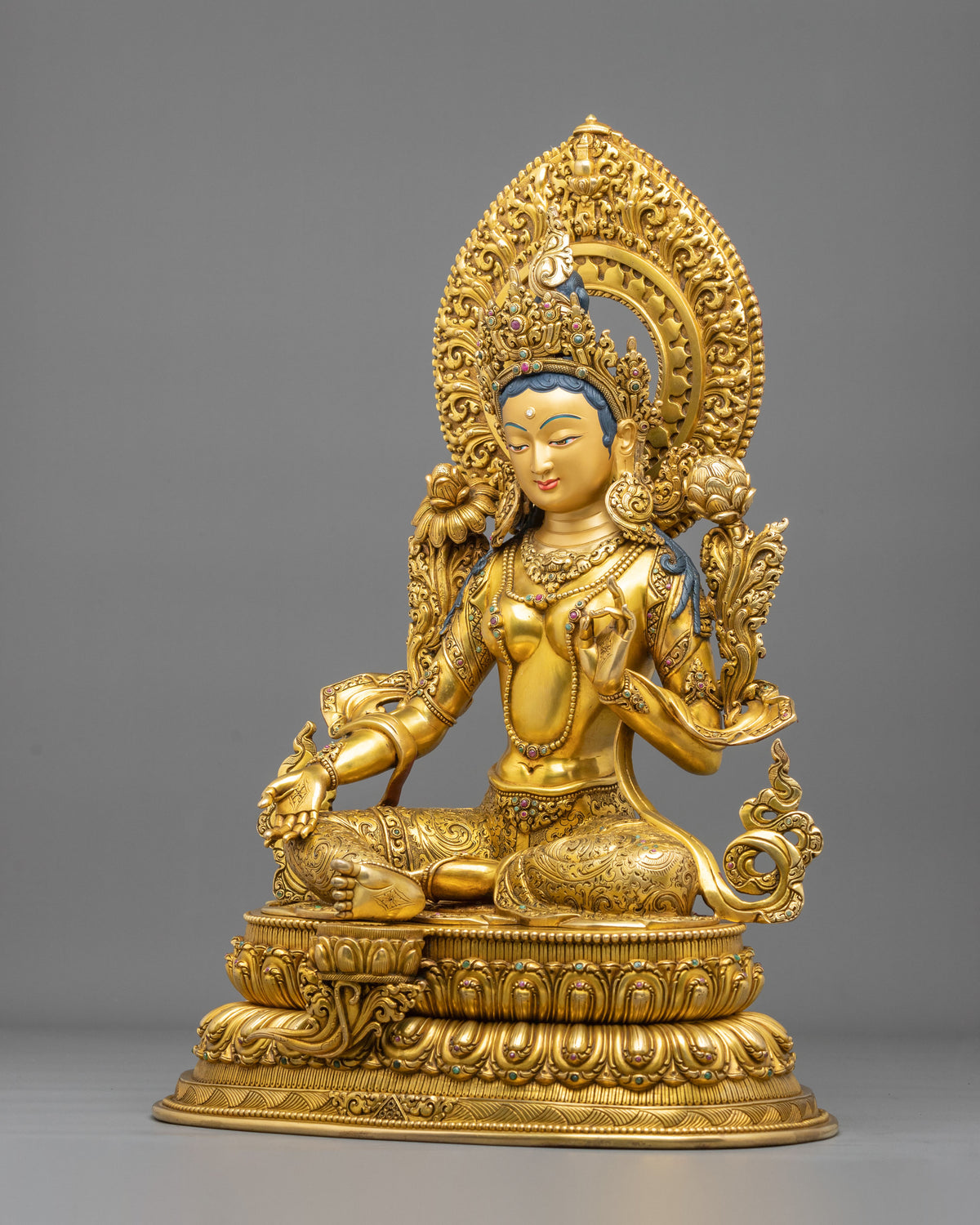 Green Tara 24K Gold-Coated Statue | Copper Form of Sacred Protection