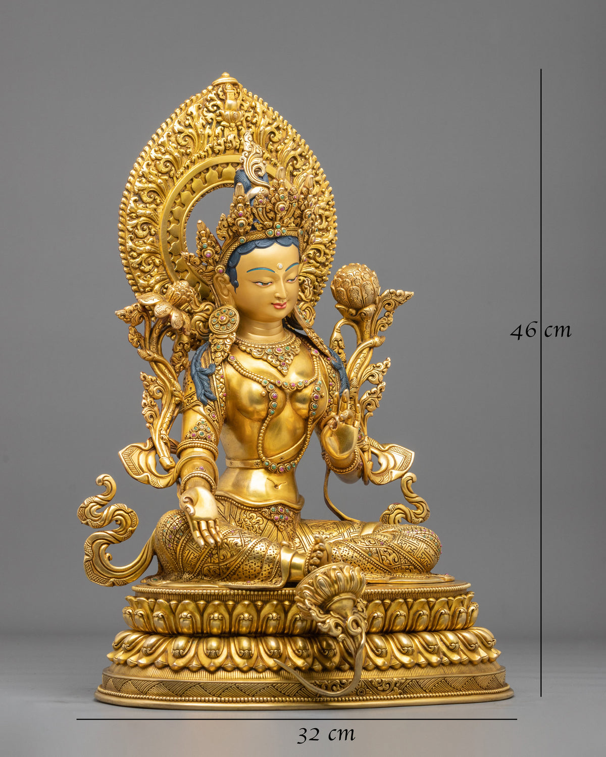 Gemstones Adorned Green Tara Sculpture | Home Decor