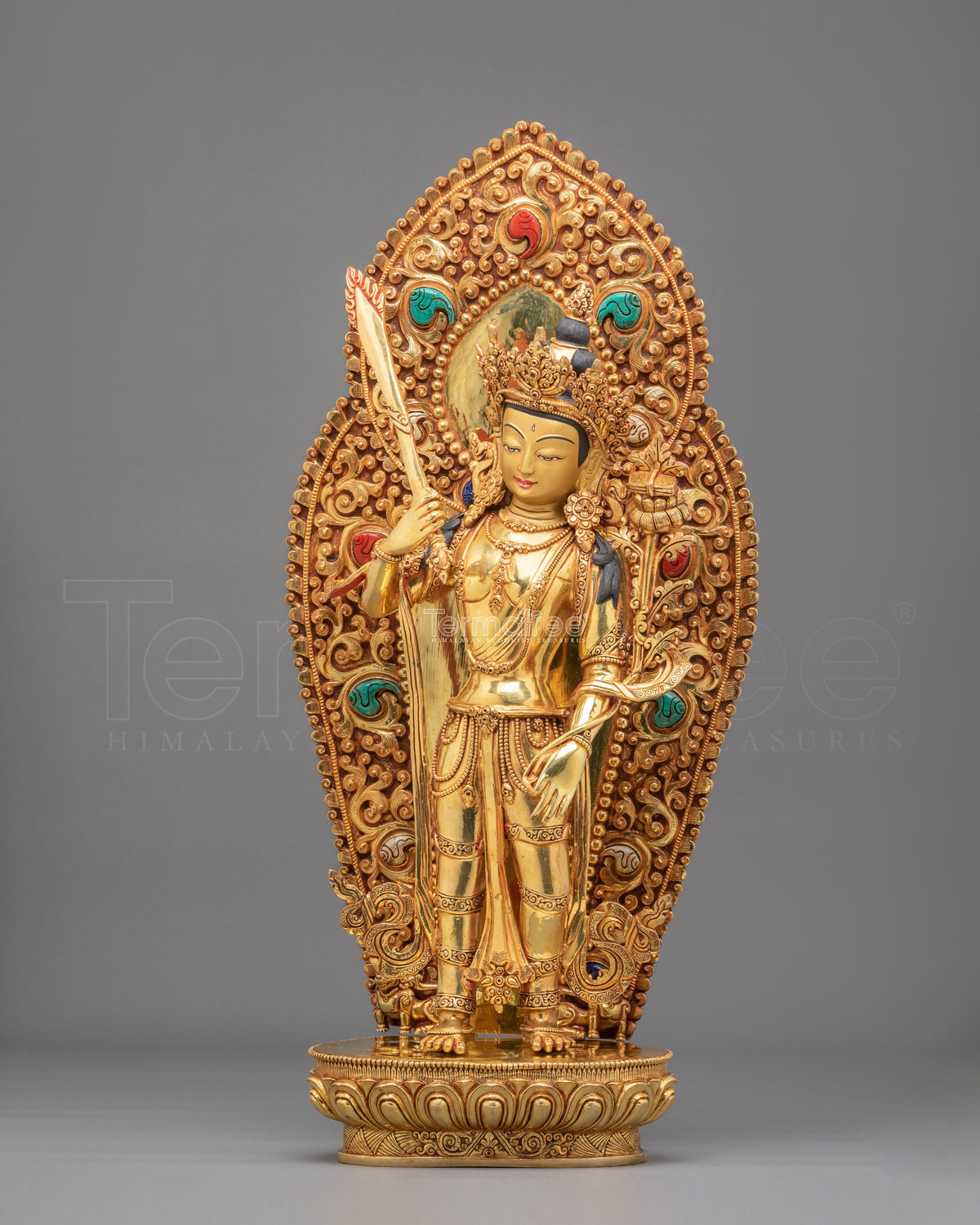 Manjushri Sculpture: 24K Fire Gold Gilding Statue with Gemstones Inlayed