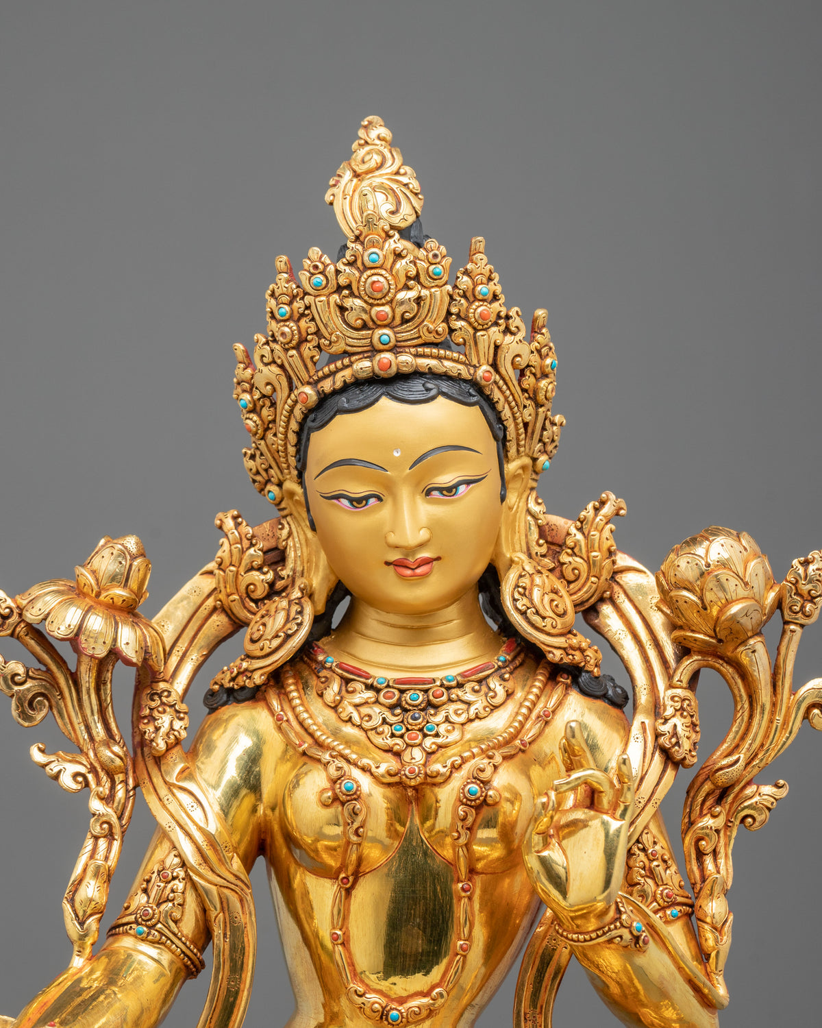 Green Tara Statue: 24K Gold Gilded Buddhist Sculpture