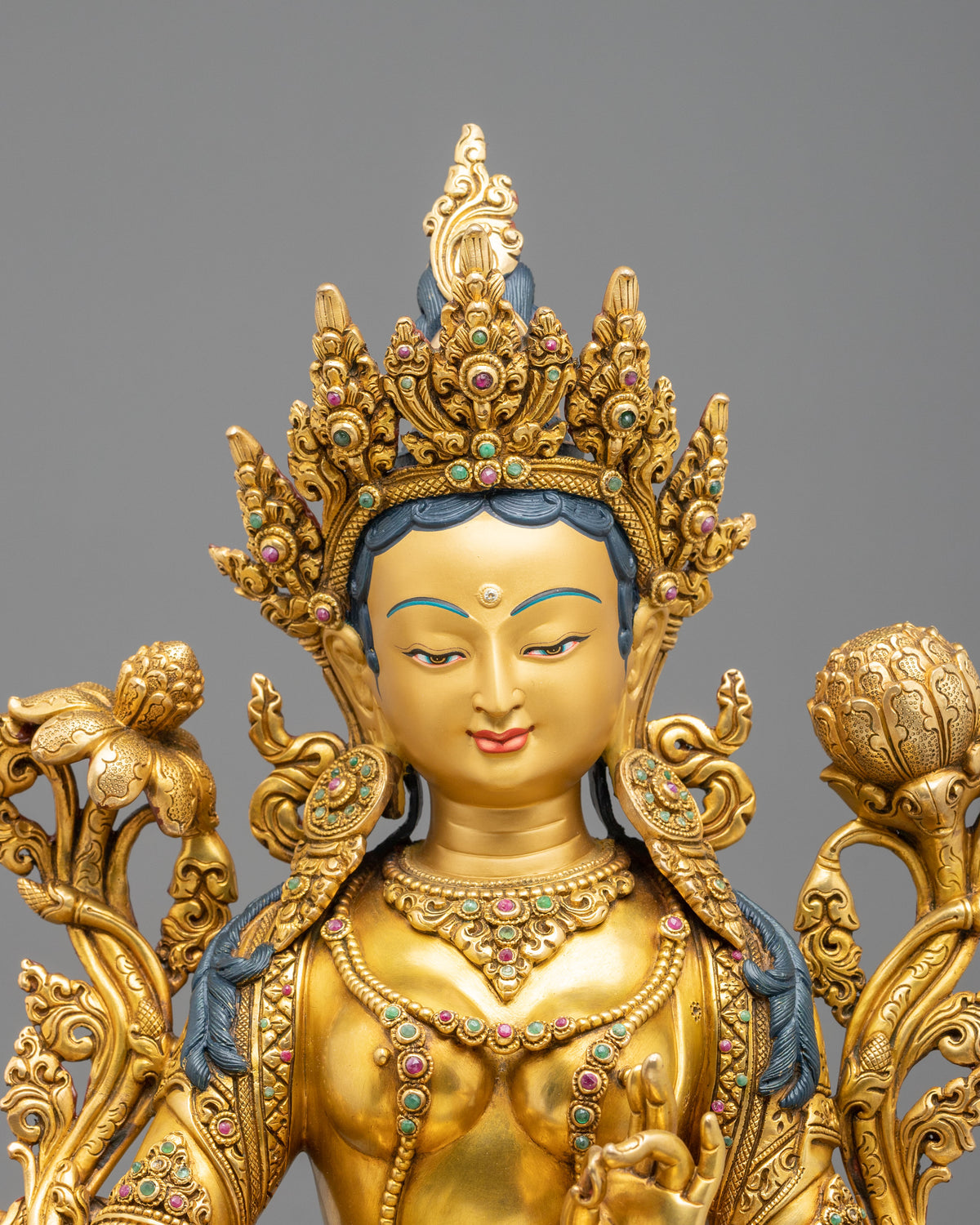 Gemstones Adorned Green Tara Sculpture | Home Decor