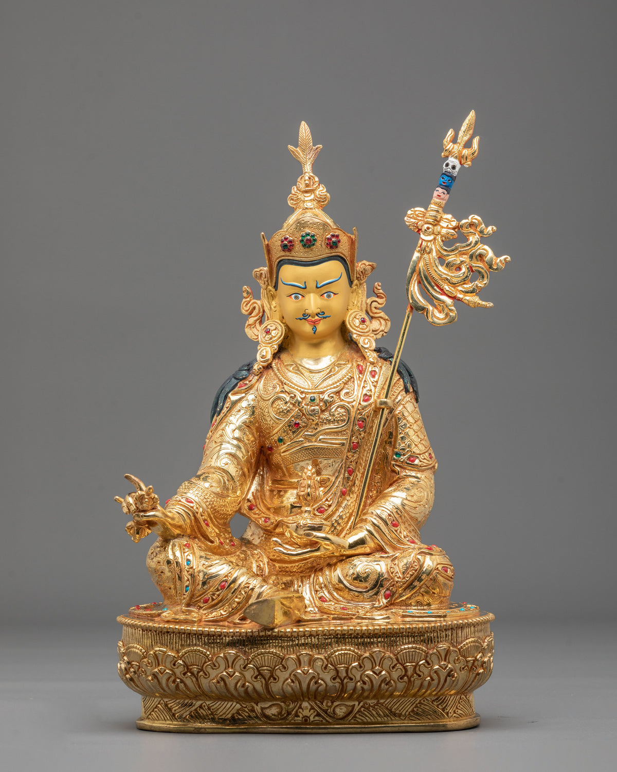 Guru Rinpoche Acrylic Painted Sculpture: 24K Gold Gilded Himalayan Art