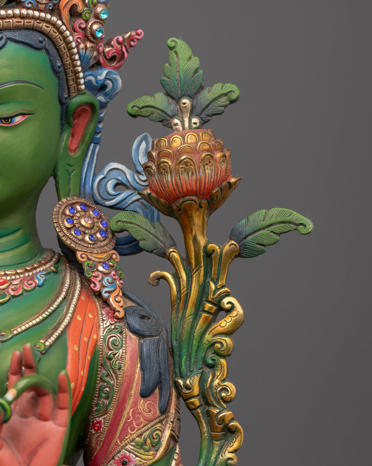 Gemstones Adorned Green Tara Figurine | Buddhist Deity of Compassion and Swift Activity