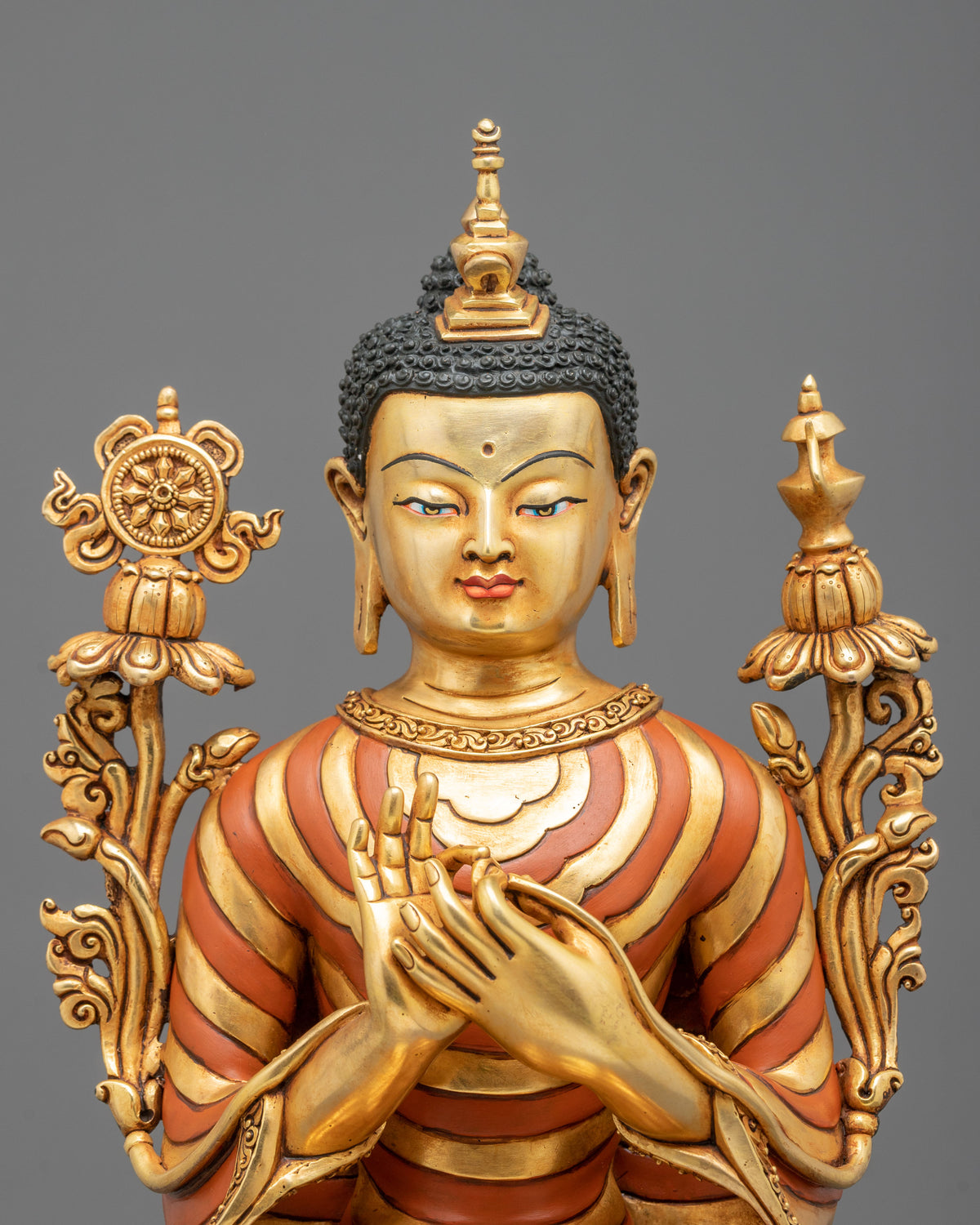 24K Gold Gilded Maitreya Buddha Copper Sculpture with Gemstones Inlays