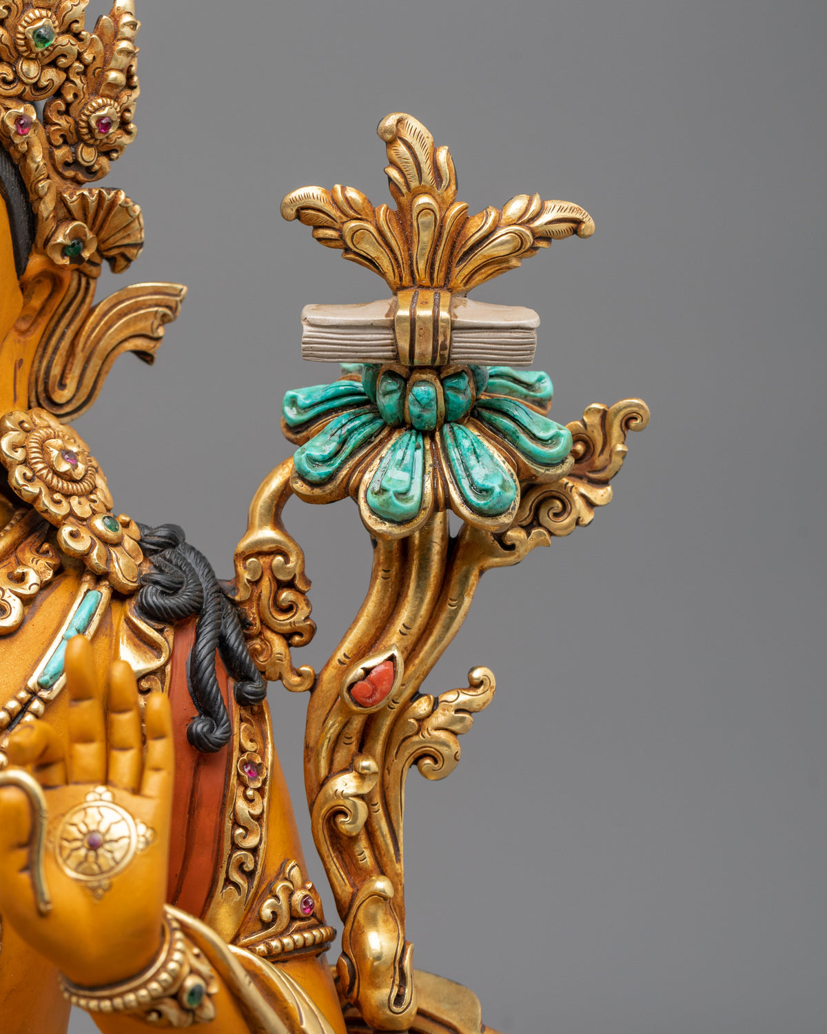 Manjushri Wisdom Sculpture | Copper Statue with Gemstone Details