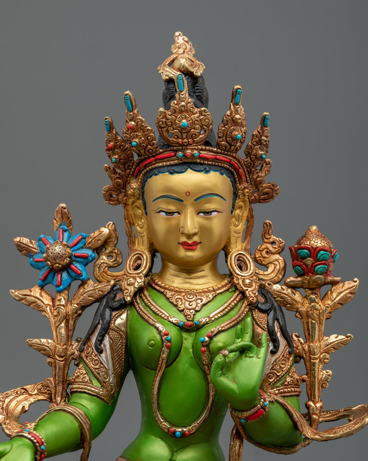 Green Tara Lotus of Liberation Statue | Gold Painted Buddhist Sculpture