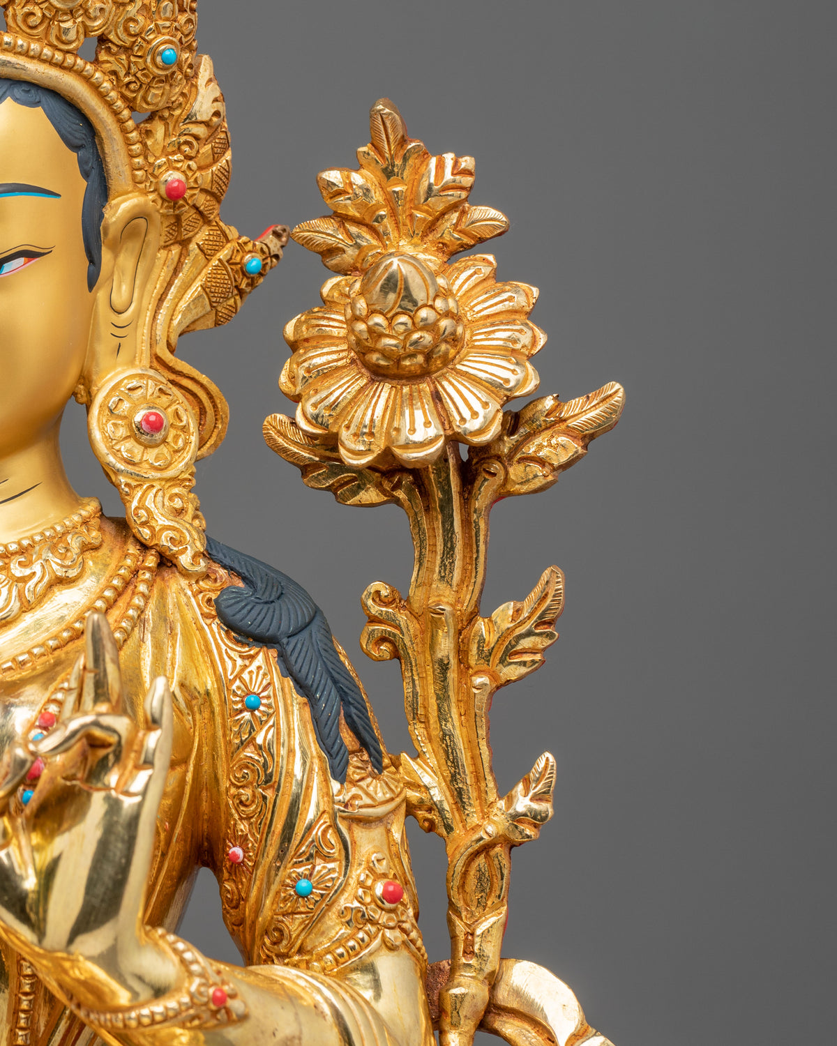Green Tara 24K Gold Coated Goddess Statue: Deity of Compassion and Liberation