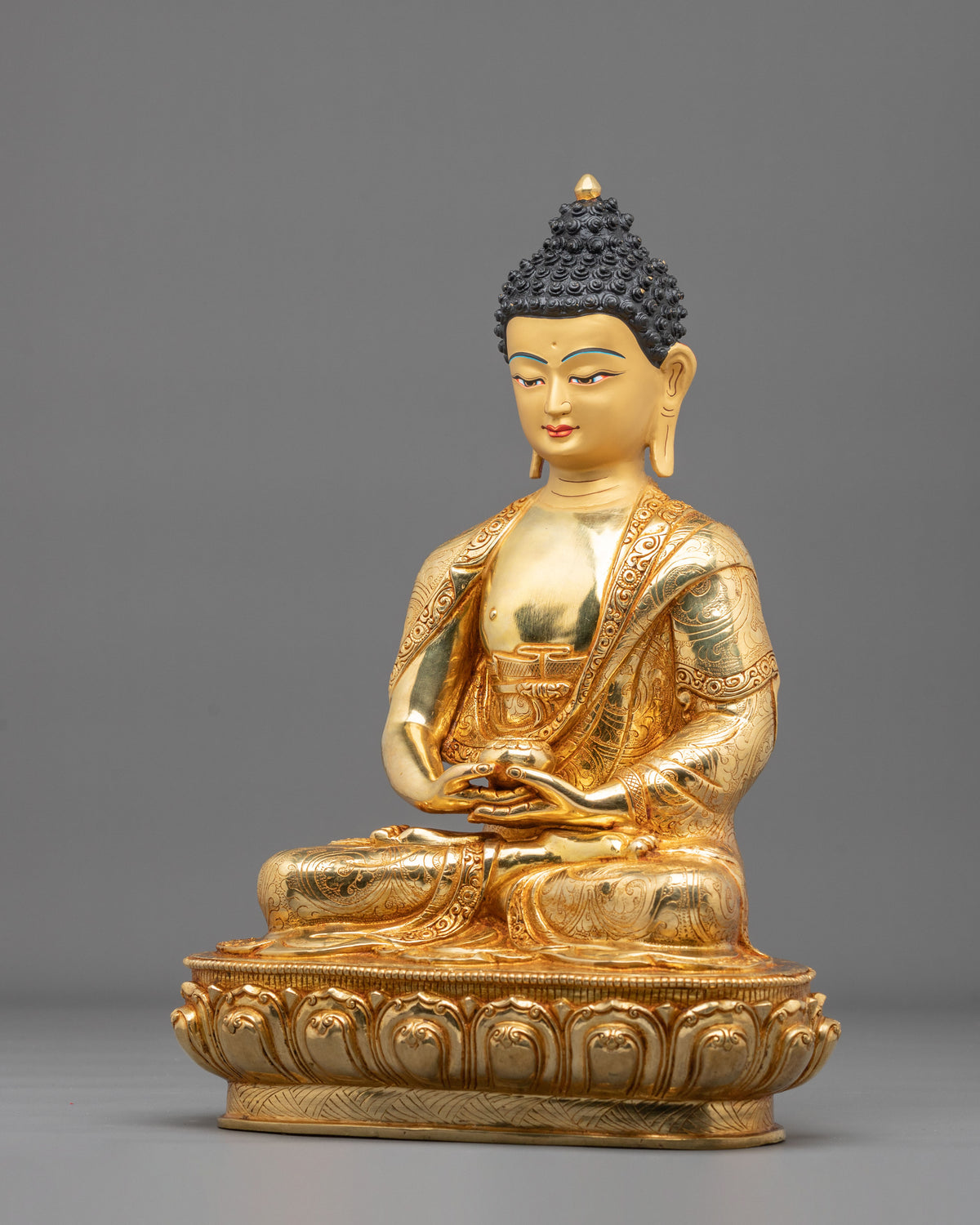 Amitabha Buddha Hand Carved Sculpture: 24K Gold Gilded Serenity