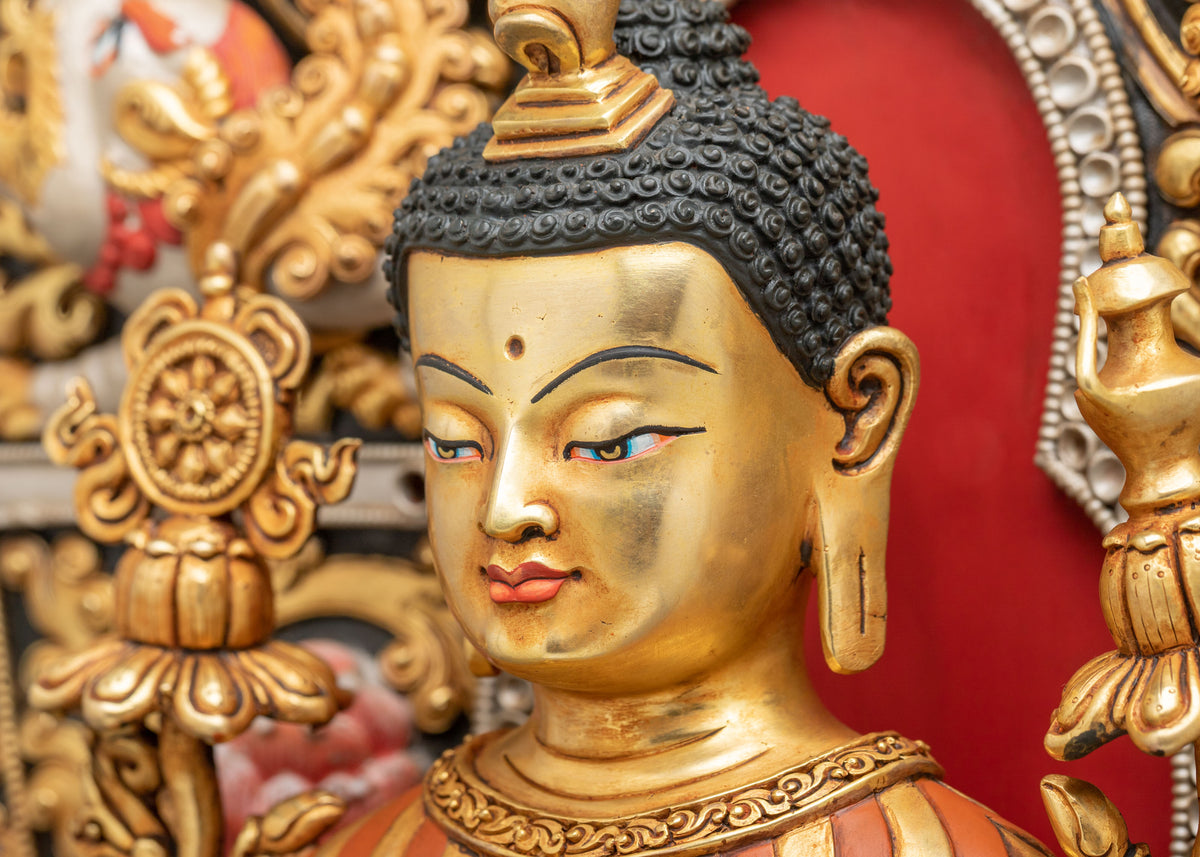 24K Gold Gilded Maitreya Buddha Copper Sculpture with Gemstones Inlays