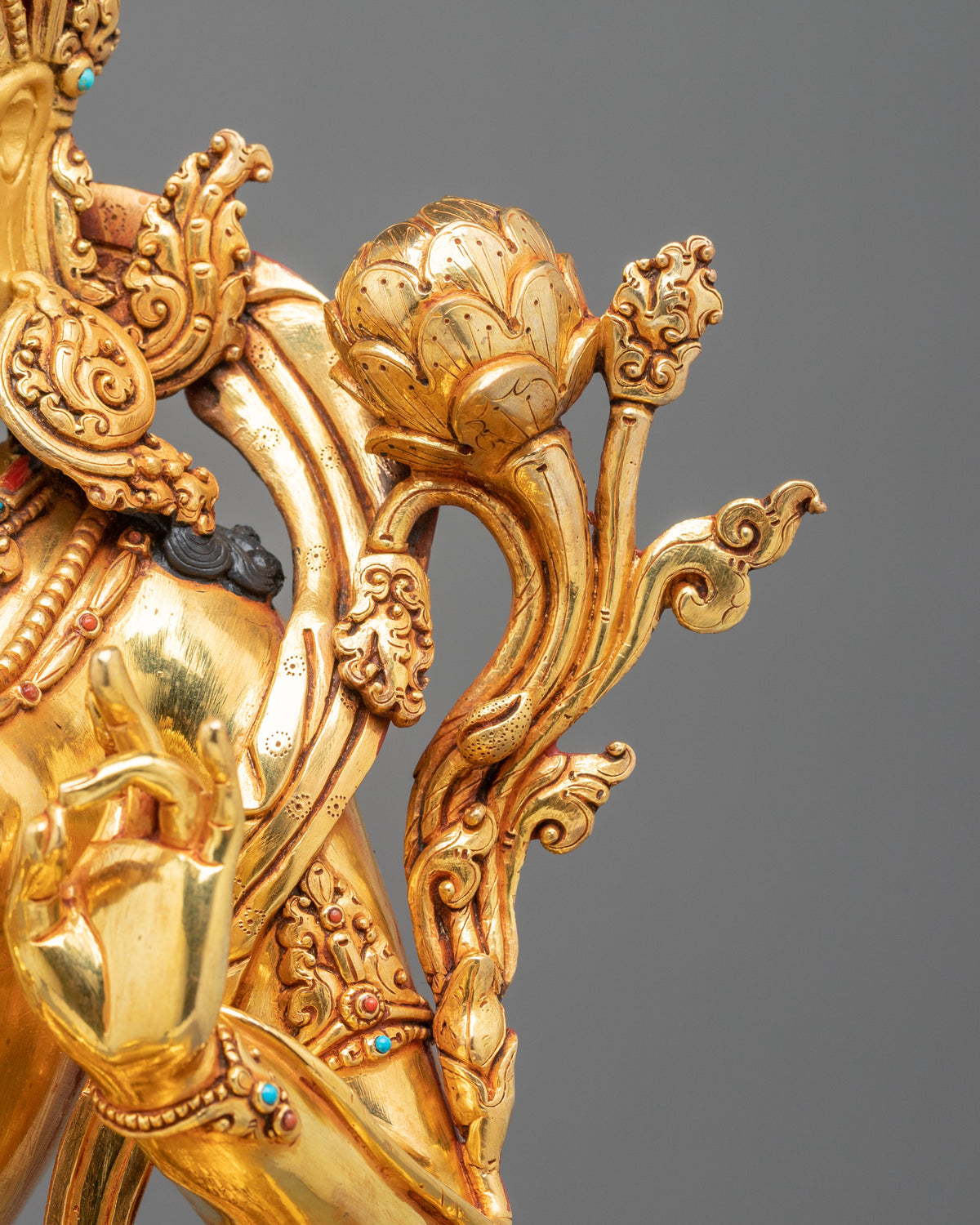 Green Tara Statue: 24K Gold Gilded Buddhist Sculpture