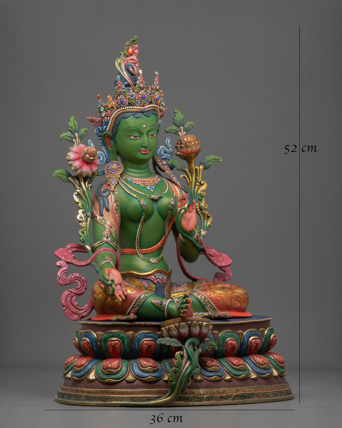 Gemstones Adorned Green Tara Figurine | Buddhist Deity of Compassion and Swift Activity